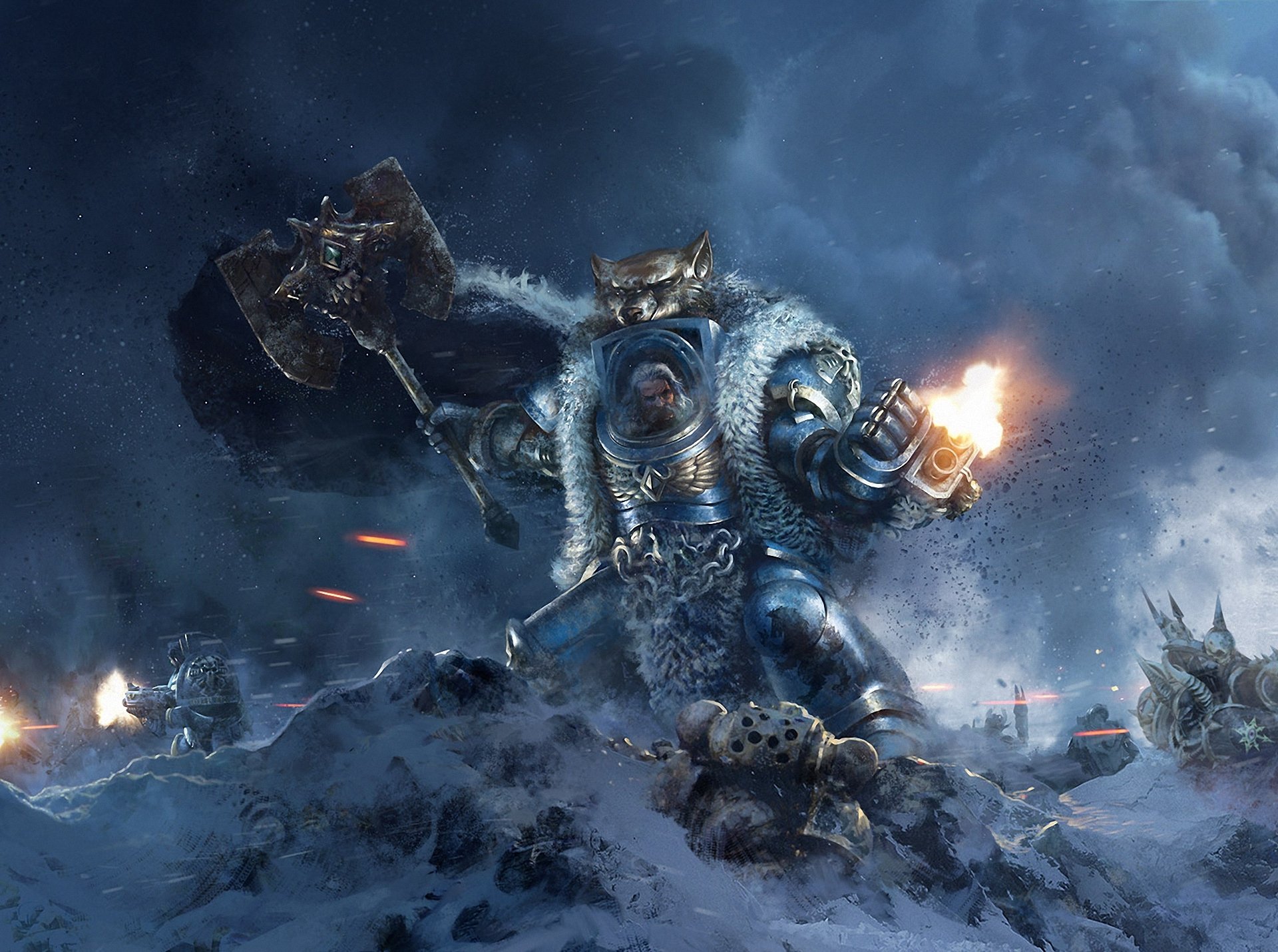 kunst warhammer 40k logan grimnar rüstung kopf wolf schnee schlacht schüsse