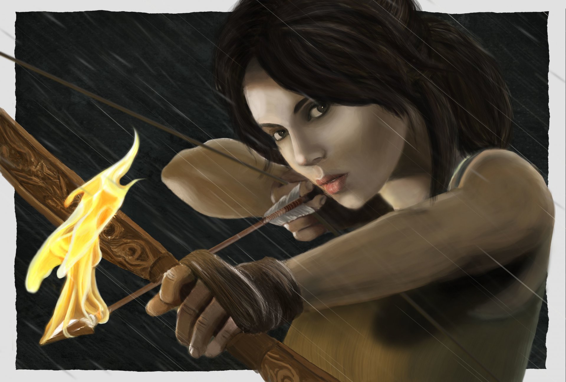 lara croft tomb raider chica arte juego cara mirada pelo arma arco patrón flecha fuego