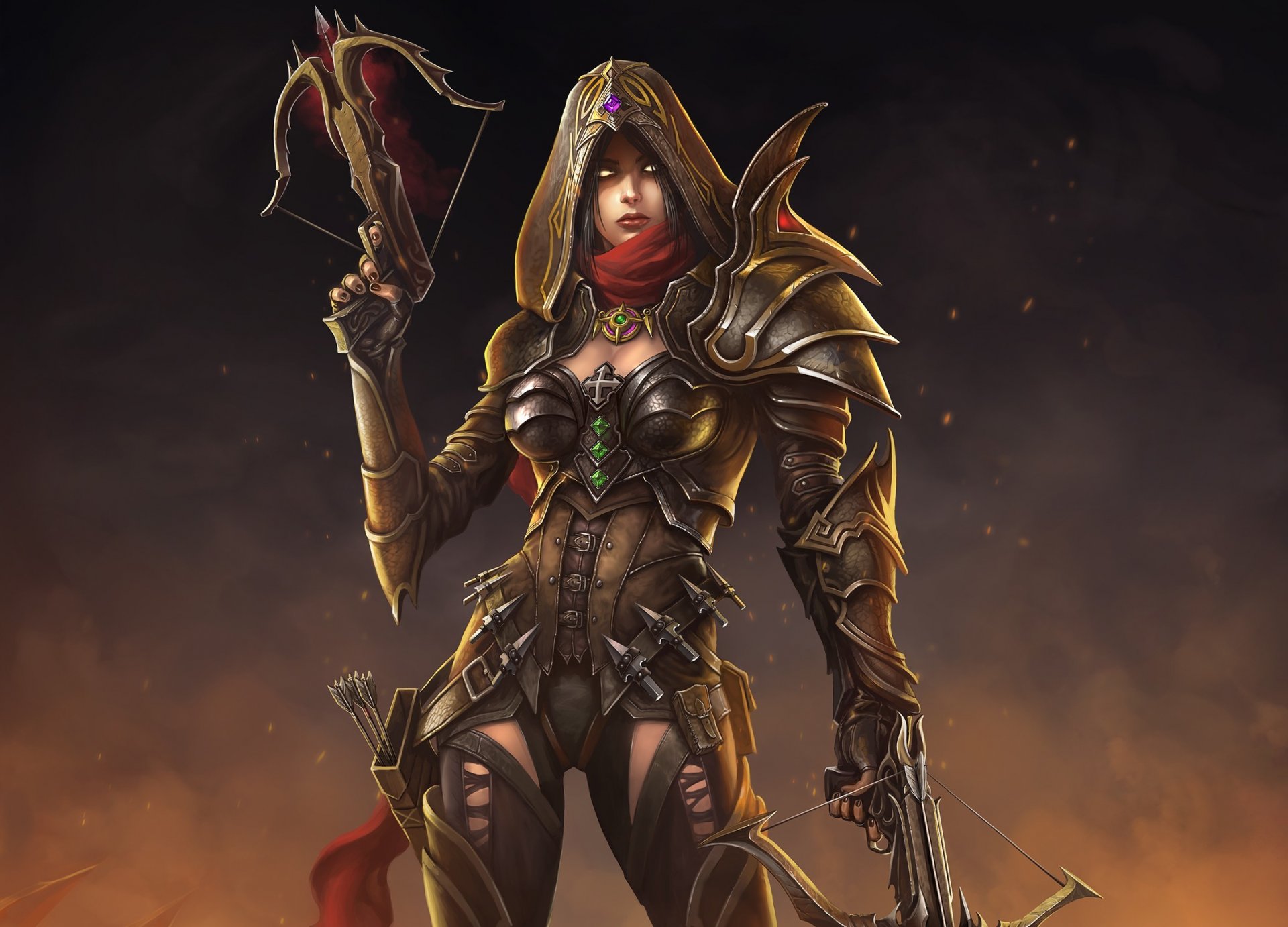 arte diablo iii soul reaper demon hunter ragazza cappuccio balestra