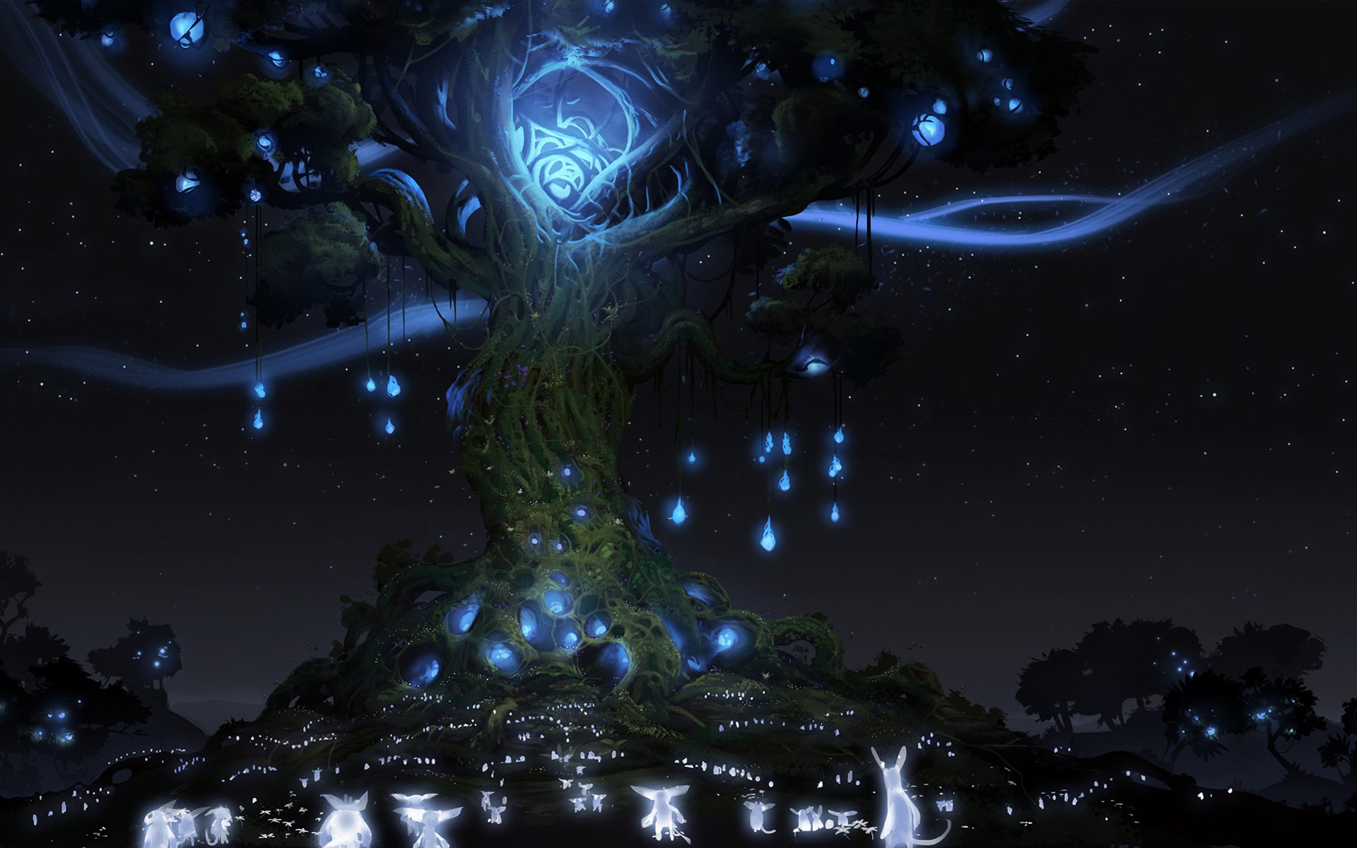 ori and the blind forest tree animals night lights spirit