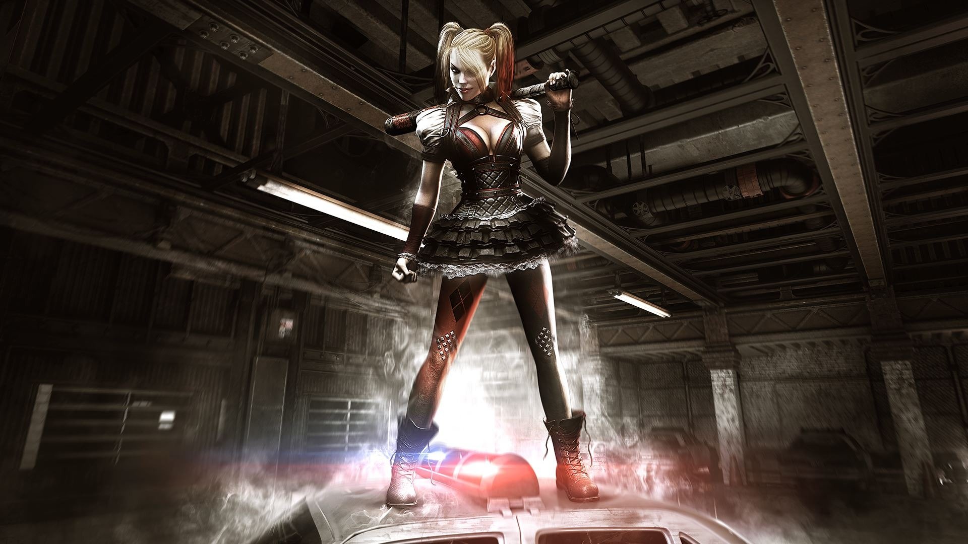 batman: arkham knight girl villain harley quinn bits machine house lights smoke flashing lights stockings dress smile rocksteady studios warner bros. interactive entertainment