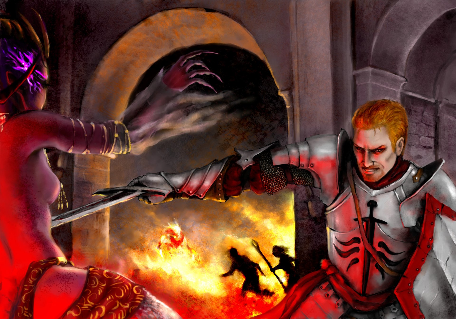 arte dragon age origine alistair battaglia guerriero torre demone demonessa fuoco