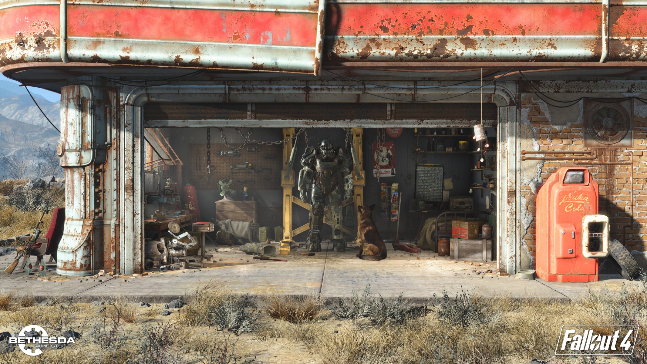 fallout 4 pustkowie garnitur tankowanie parking robot garaż bractwo stali fallout promieniowanie pancerz wspomagany hangar pies