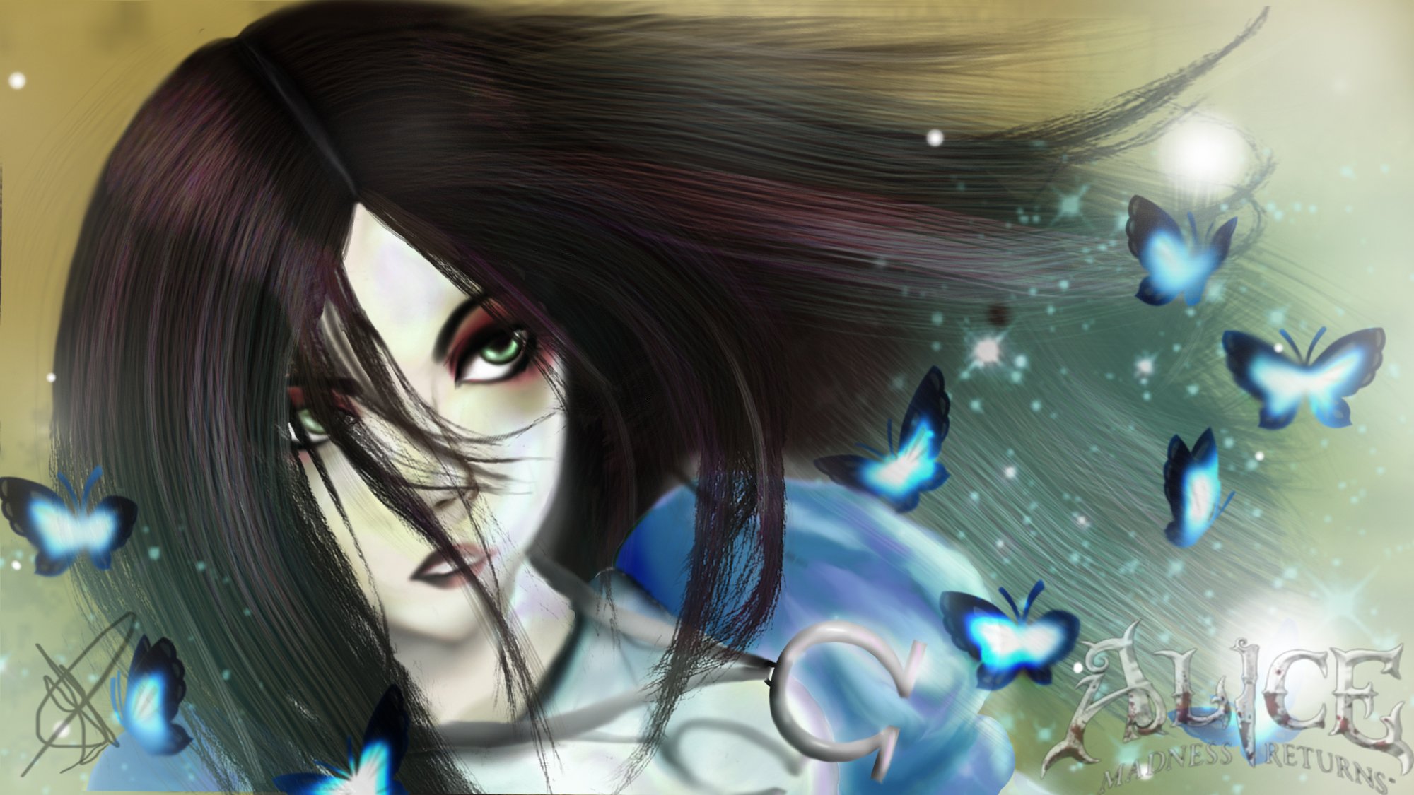 alice: madness returns jeu art visage regard yeux verts cheveux robe bleu papillons