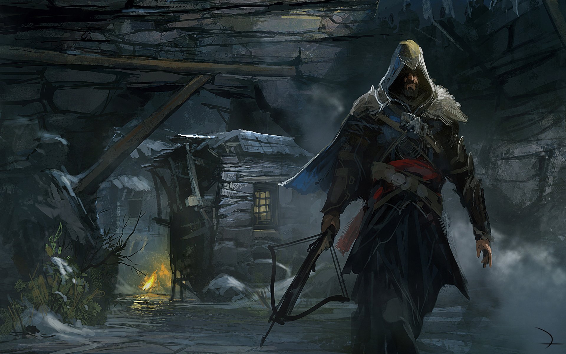 art assassin creed révélation homme capot arbalète arme feu maison pierres grotte