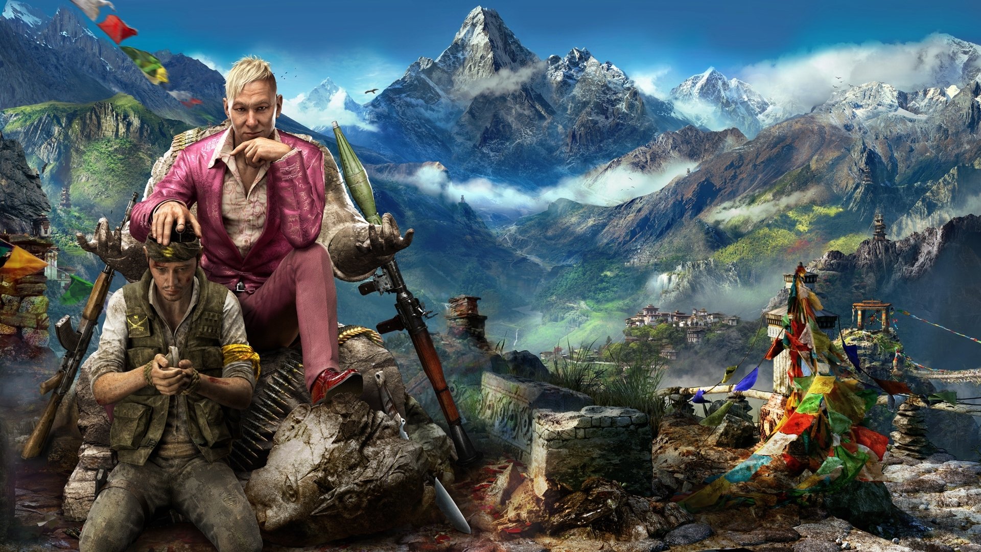 far cry 4 ubisoft broń niebo chmury góry śnieg widok kirat pagan ming kostium rpg sytuacja statua