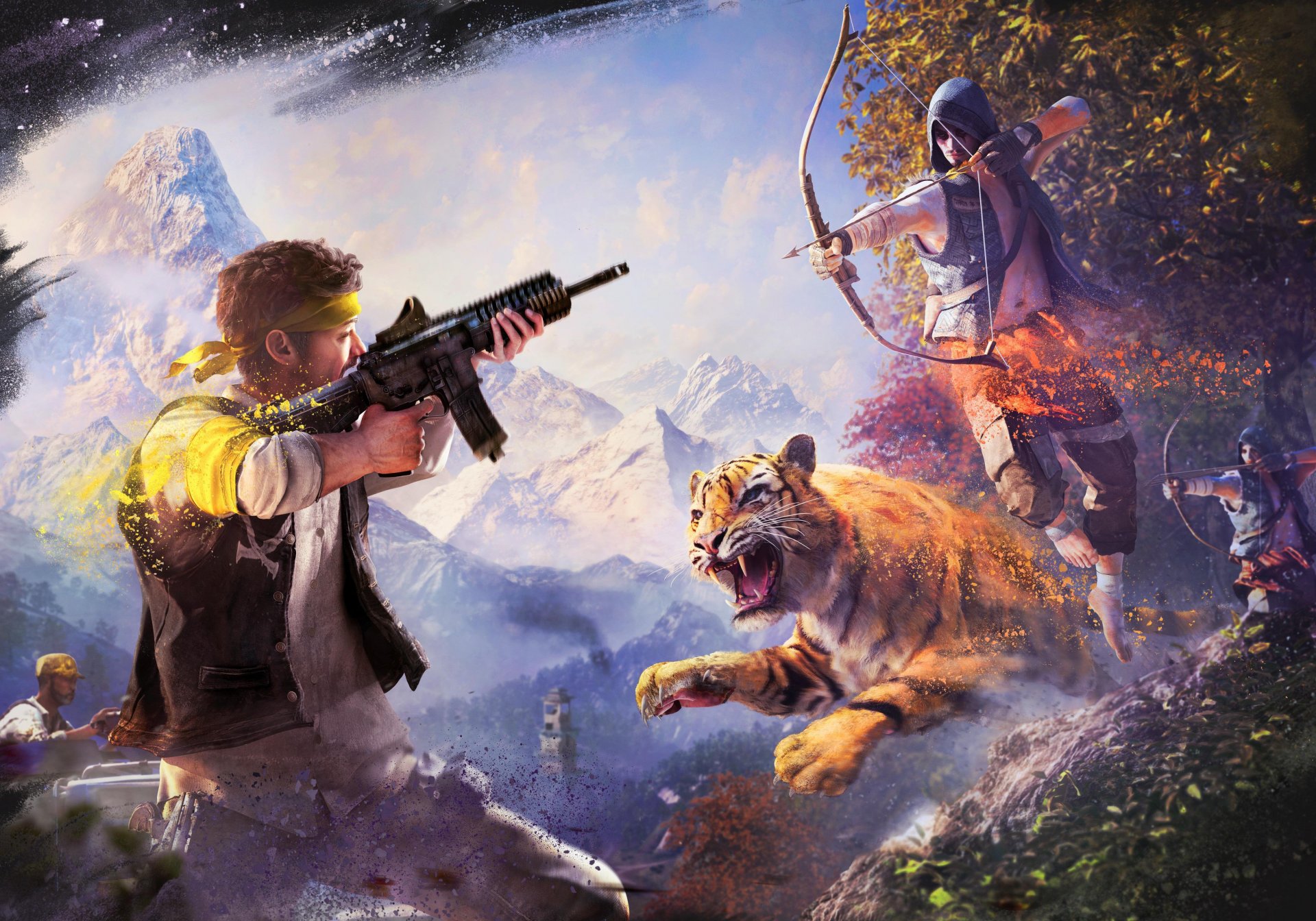 far cry 4 ubisoft armes kirat tigre ciel nuages montagnes neige flèche arc arbres peinture rakshasas chemin d or