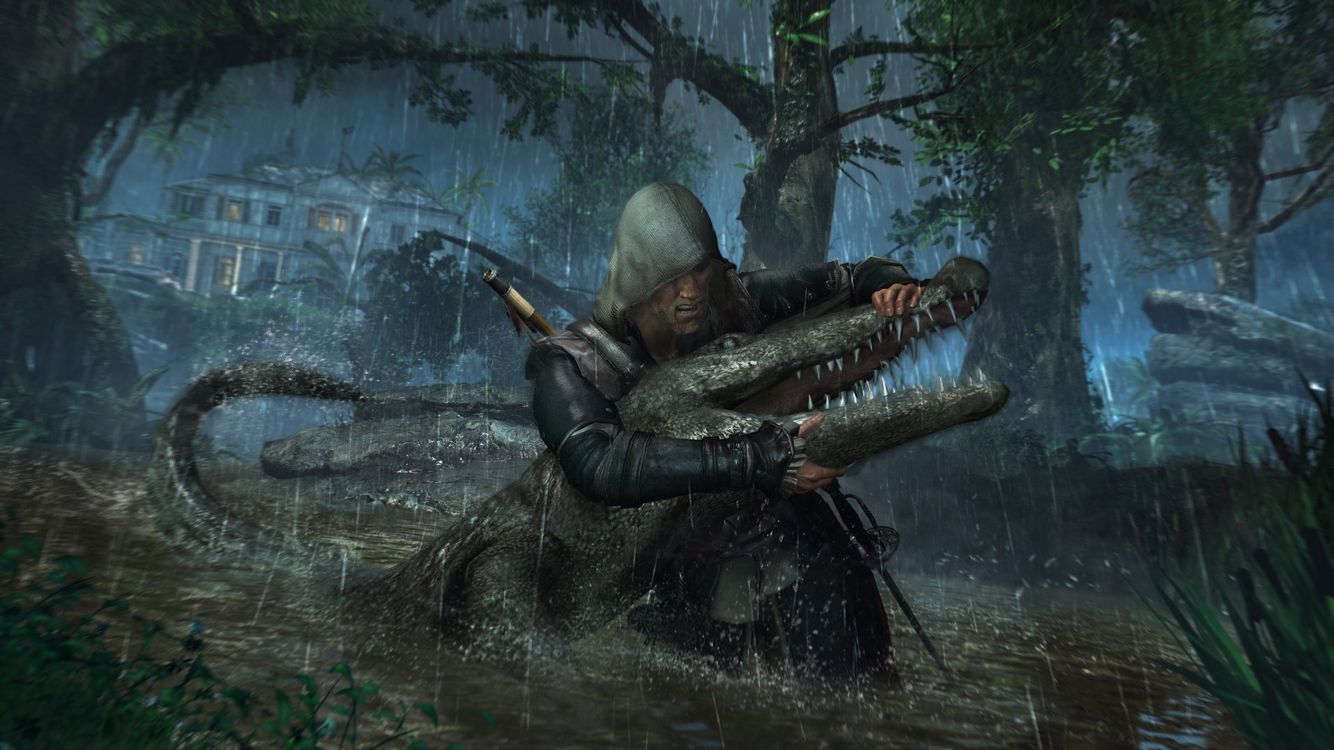 assassin creed iv: drapeau noir assassin pirate edward kenway pluie nuit maison marais crocodile