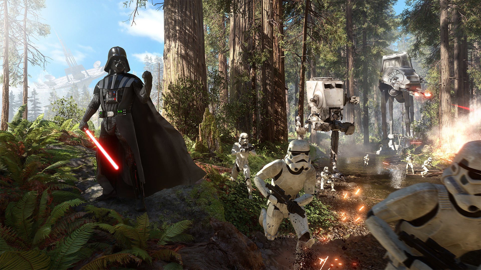 tar wars: battlefront darth vader miecz świetlny blastery szturmowcy at-at las drzewa niebo walka chmury ea dice electronic art