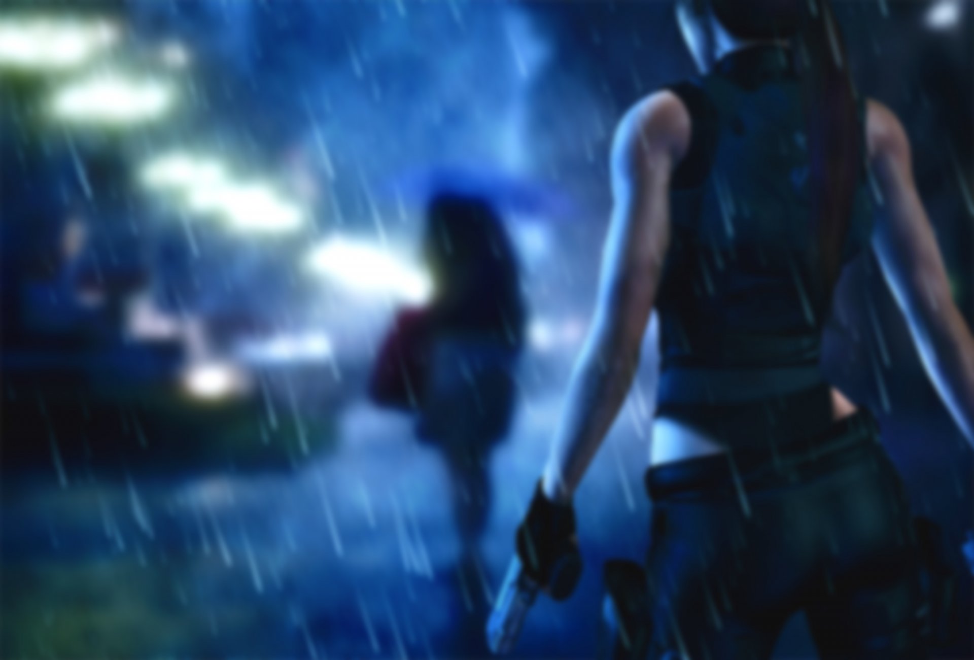 tomb raider lara croft chica espalda armas lluvia macro