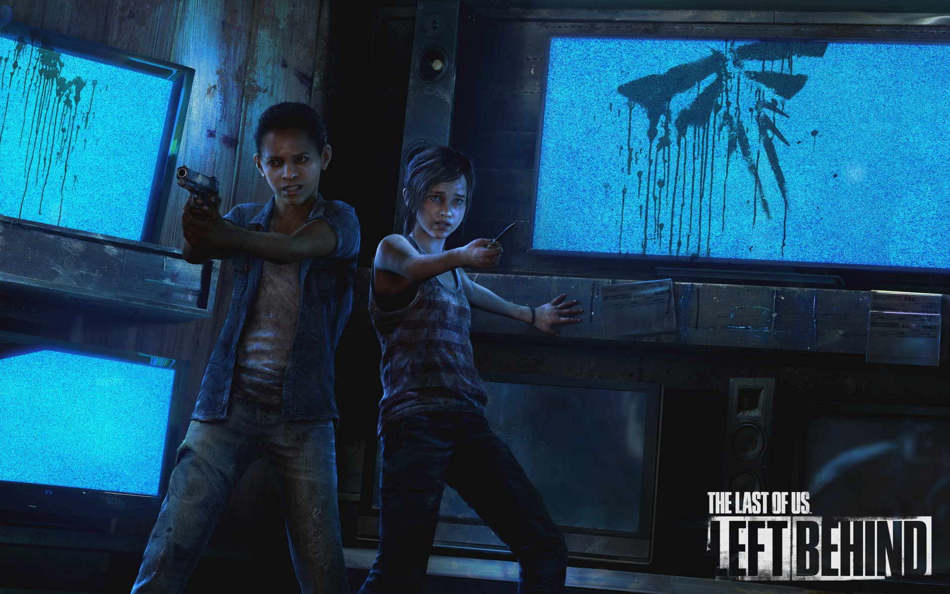 dernier d entre nous: left behind dlc filles copines ellie riley peur couteau téléviseurs écran signe cigales arme pistolet logo logo ps3 naughty dog sony computer entertainment