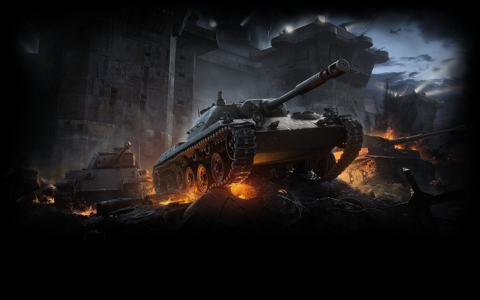 world of tanks wargaming net wot wg light tank spähpanzer ru 251 ru 251 tiger i heavy tank medium tank panther fortified smoke tanks construction light lights explosion iron metal fragments equipment plane flame fire sky clouds shot sparks