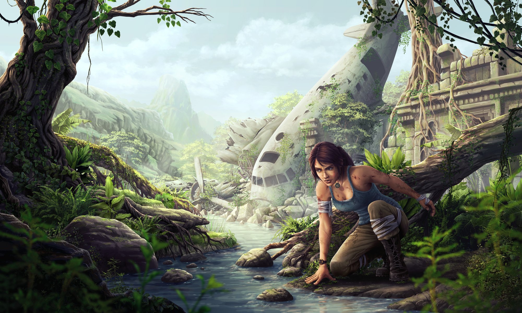 art tomb raider lara croft girl plane ruins skeleton creek river jungle