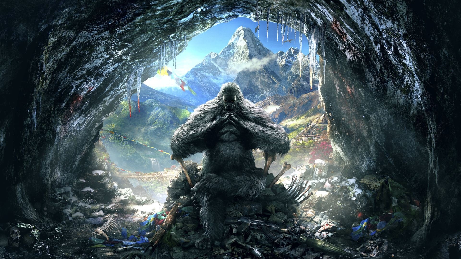 far cry 4 ubisoft nuvole montagne neve vista kirat gorilla uccelli bigfoot pelliccia grotta ghiaccioli ossa ghiaccio armi luce