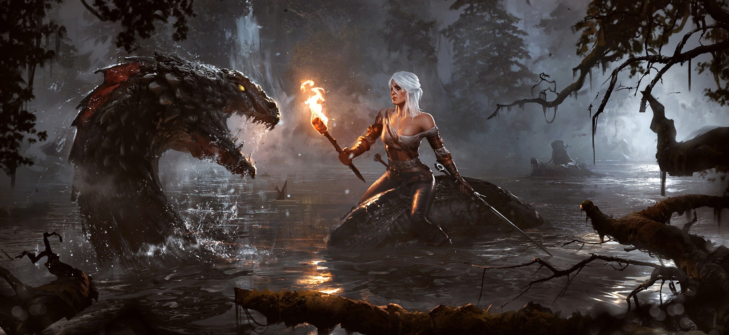 witcher lion cub of cintra cirilla fiona elen riannon ciri the witcher 3: wild hunt monster lake water torch a woman sword night