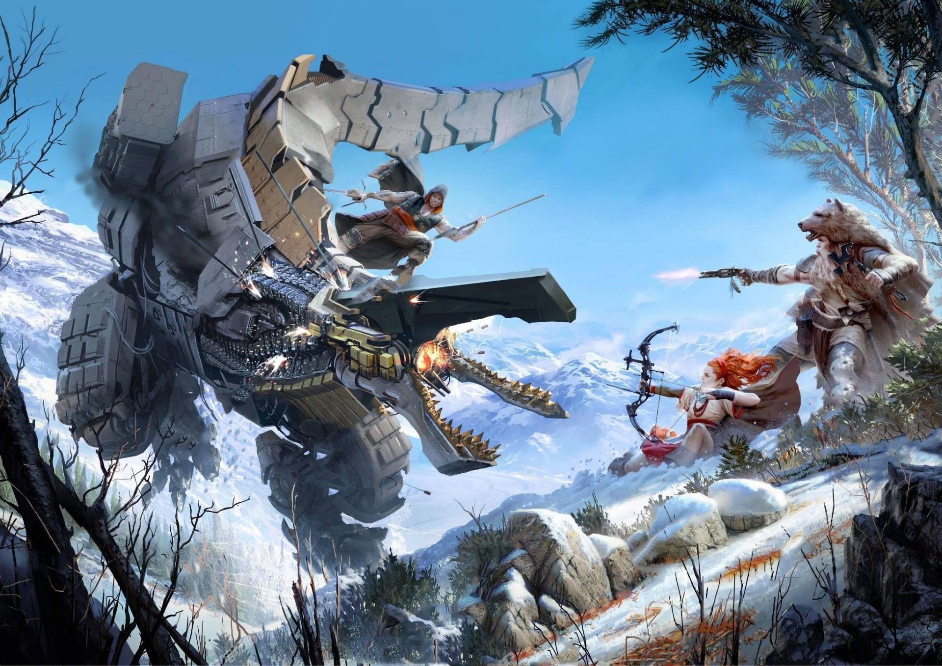 horizont: zero dawn sony computer entertainment guerrilla games playstation 4 roboter jäger bogen mädchen bäume berge schnee blick fell waffen himmel jagd feuer