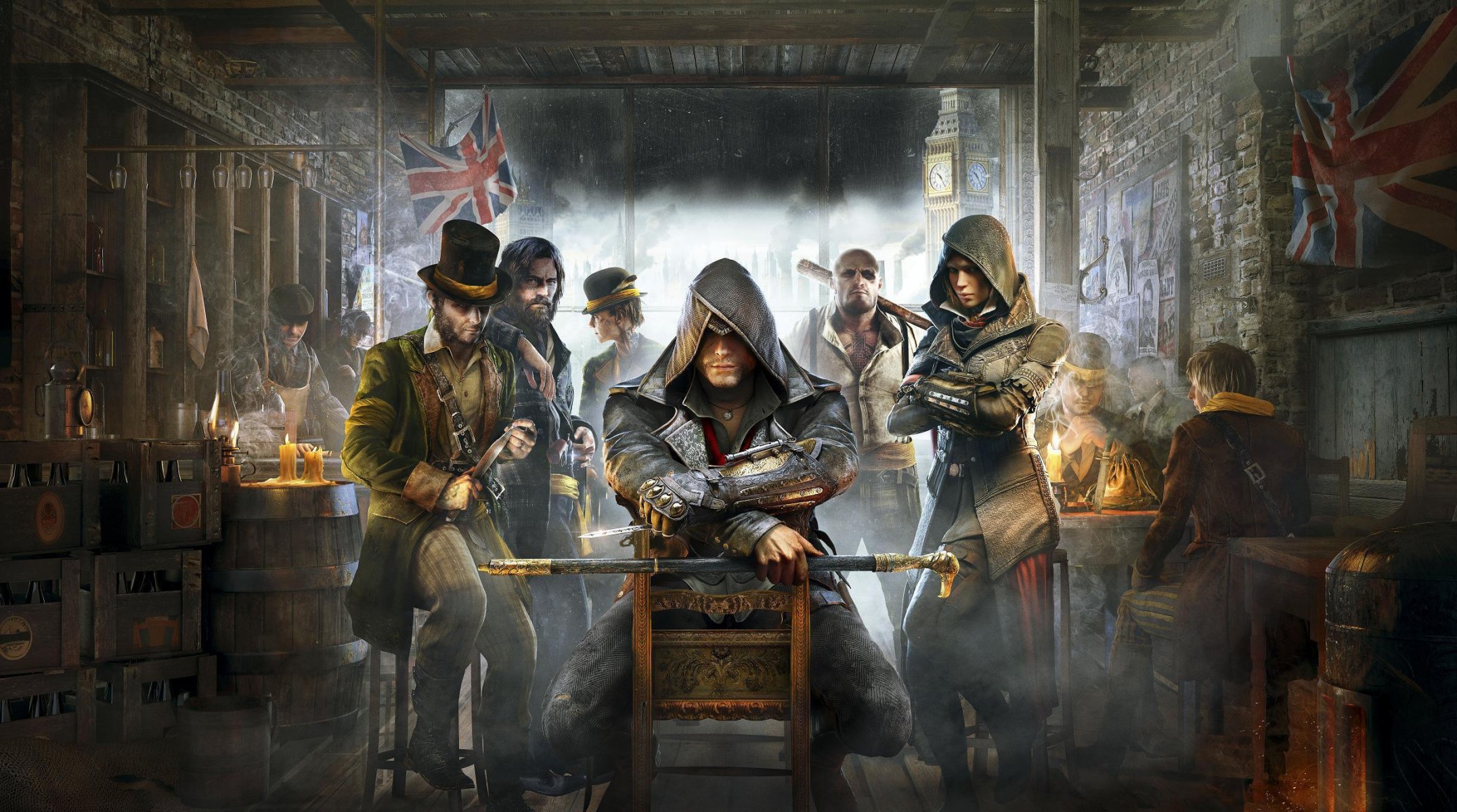 assassin creed: syndicate assassins assassins épée canne capot big ben taverne gang couteau chapeau drapeau baril fille soeur chaise fumée bougie matraque barbe look ubisoft québec