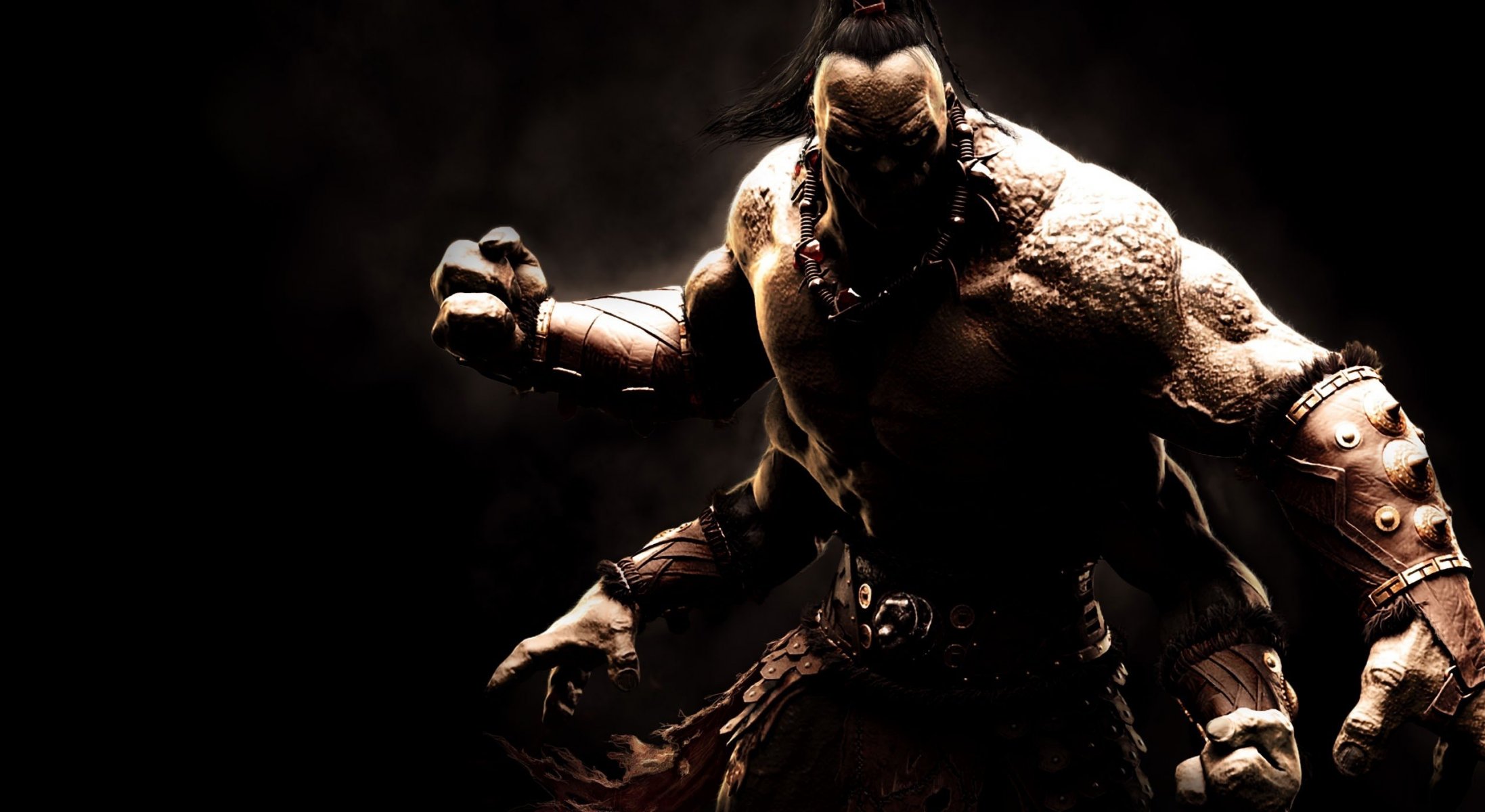 mortal kombat x goro mkx mk príncipe del inframundo cuatro brazos musculoso pelo largo travieso malo lobo perro cinturón luchador tres dedos collar piel piel de animal oscuridad representante de la oscuridad juego