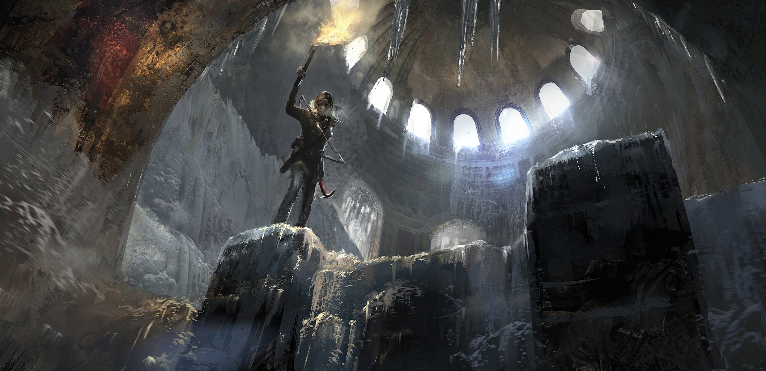 élévation: tomb raider lara croft art glace tombe lumière pioche flamme feu neige arc