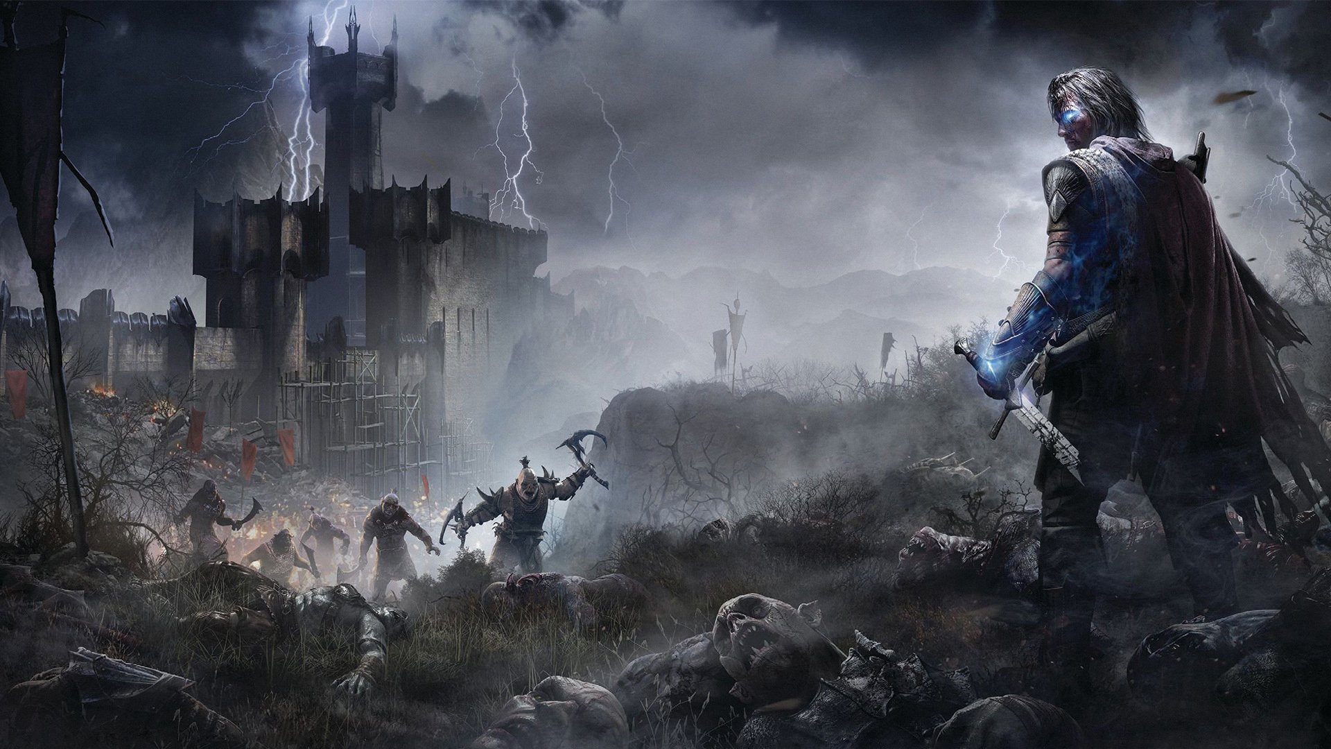 Middle-earth: shadow of Mordor warrior ghost ranger talion magic sword fog armor orcs corpses fortress thunderstorm monolith productions warner Bros. interactive entertainment