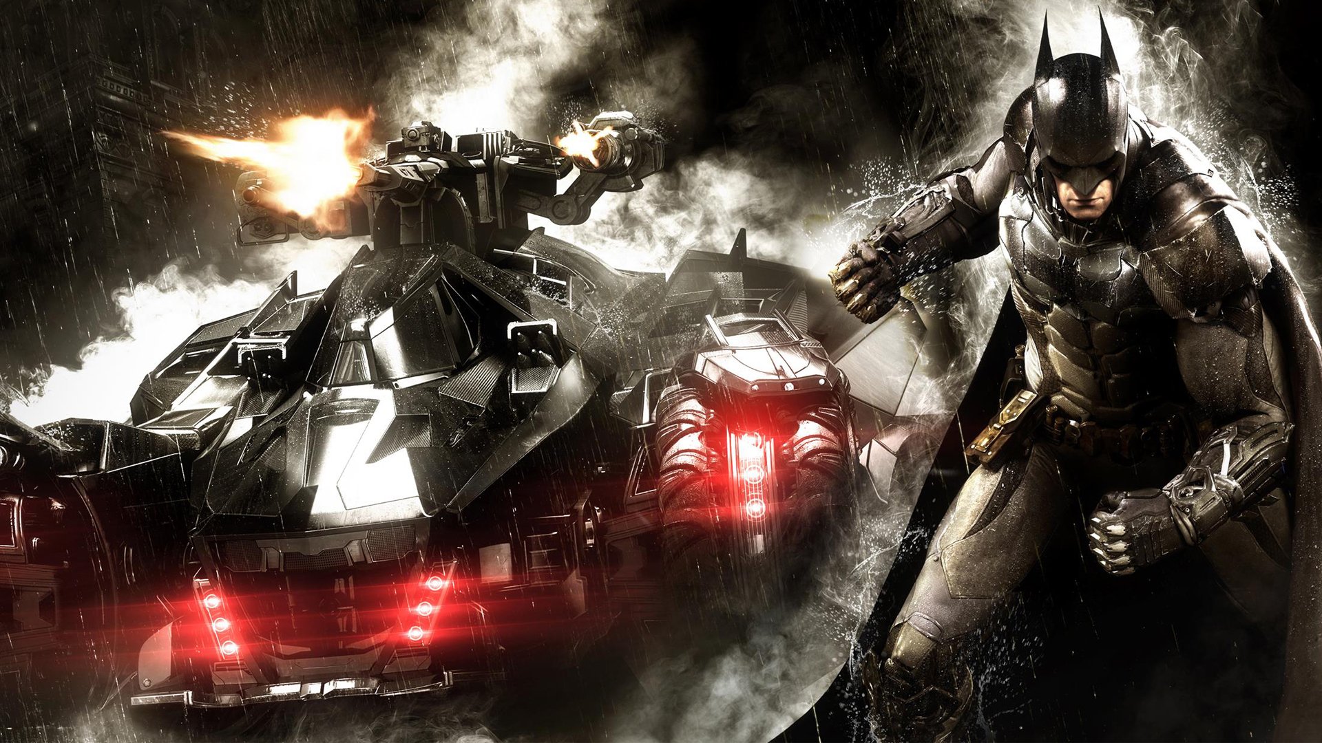 batman: arkham knight batman: arkham knight bruce wayne obrońca wojownik zbroja sprzęt batmobil dym armaty płaszcz przeciwdeszczowy deszcz rocksteady studios warner bros. interactive entertainment