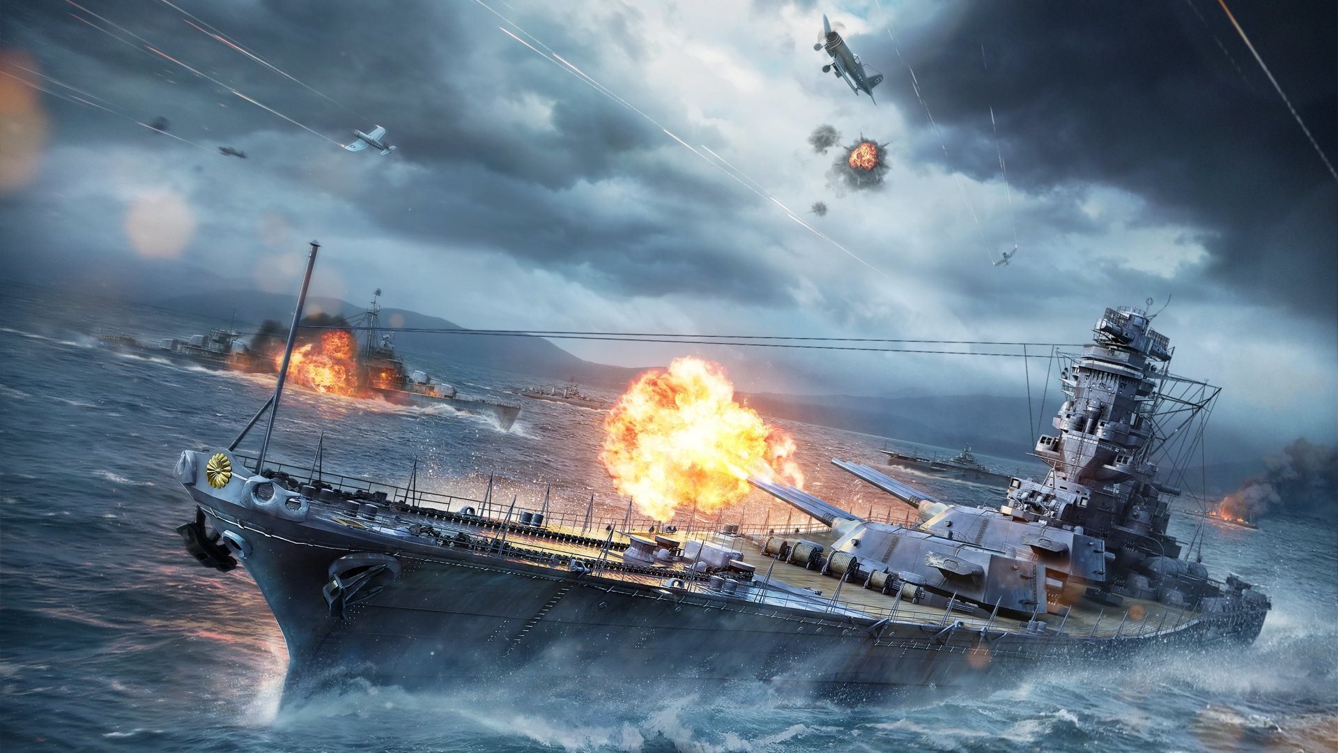 world of warships wargaming net wows ships world wg shot flame fire smoke water ships ship waves sky clouds trunk iron sparks plane