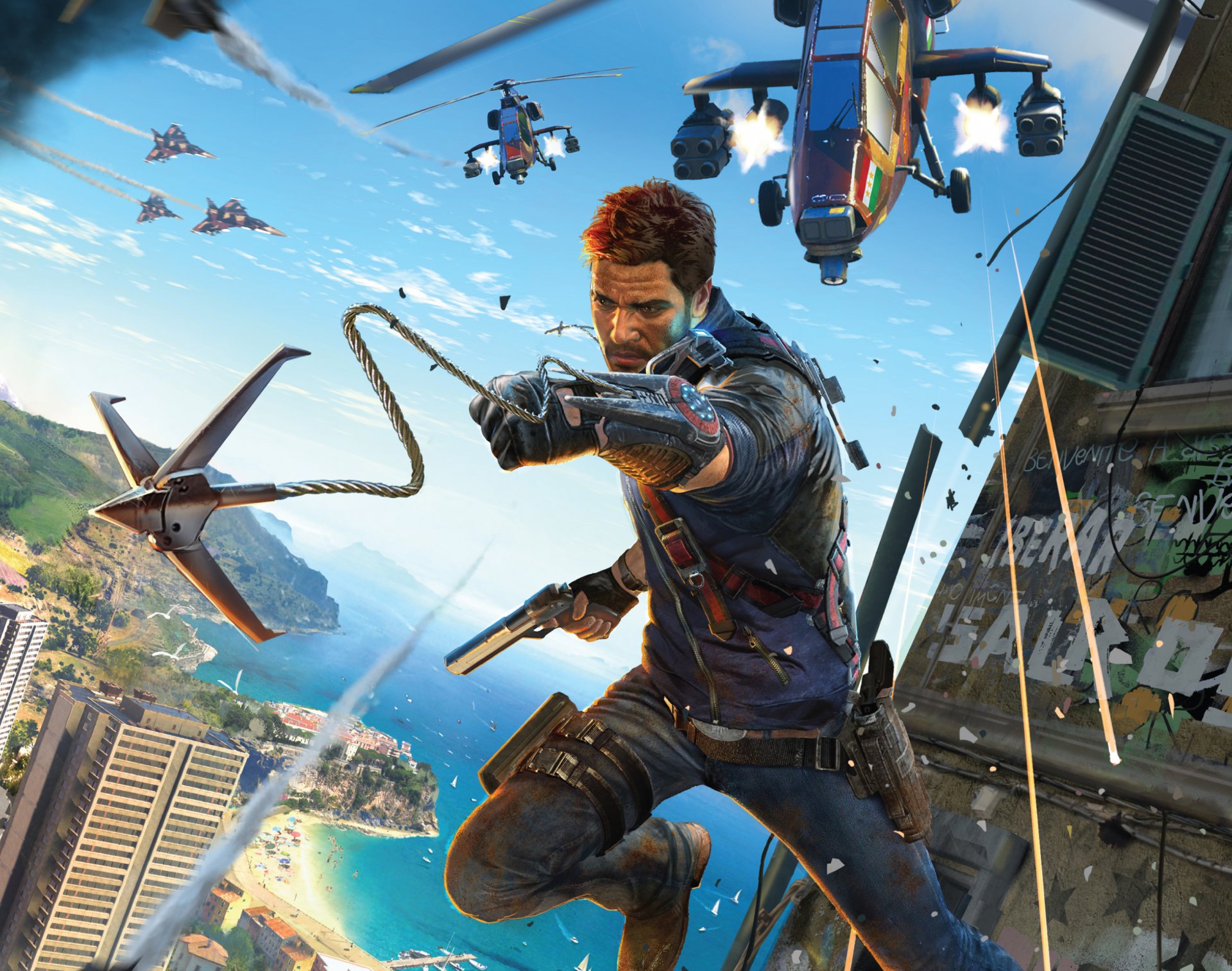 just cause 3 fight hook weapon island water rocket sky plane house avalanche studios square enix