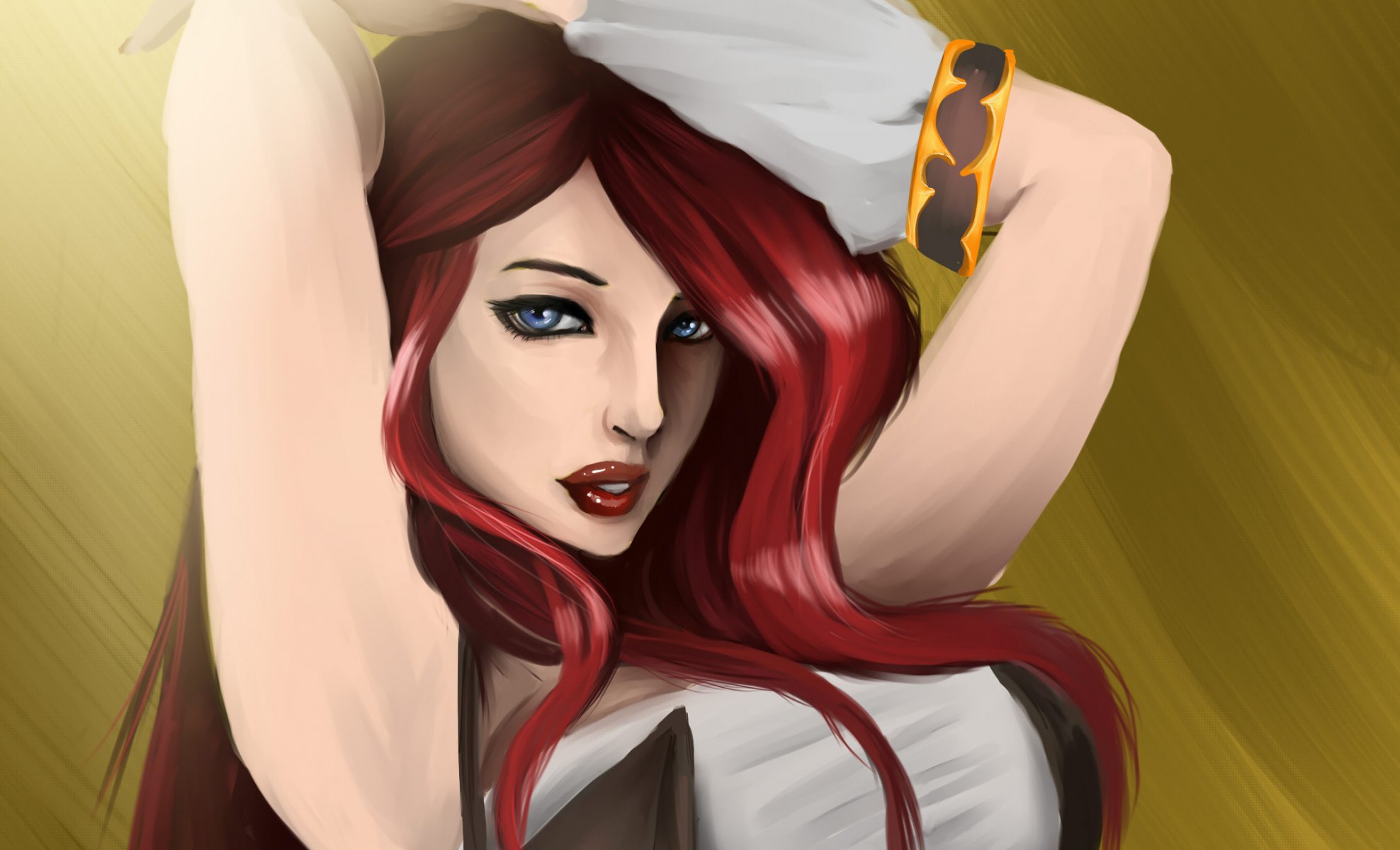 league of legends miss fortune lol sztuka dziewczyna włosy czerwone niebieskie oczy ręce wygląd