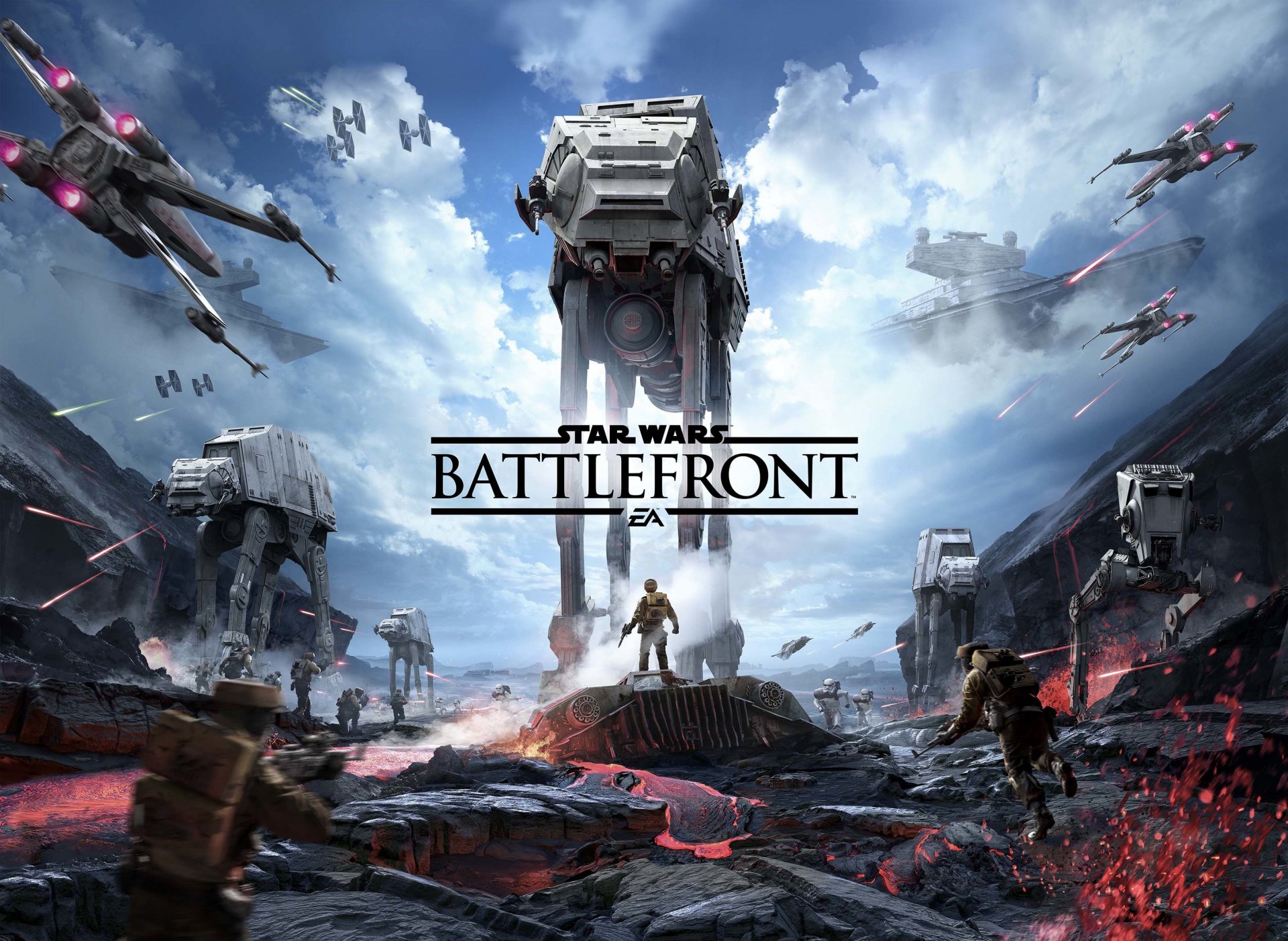 tar wars: battlefront combat explosions soldats ciel nuages lave logo logo ea dice electronic art