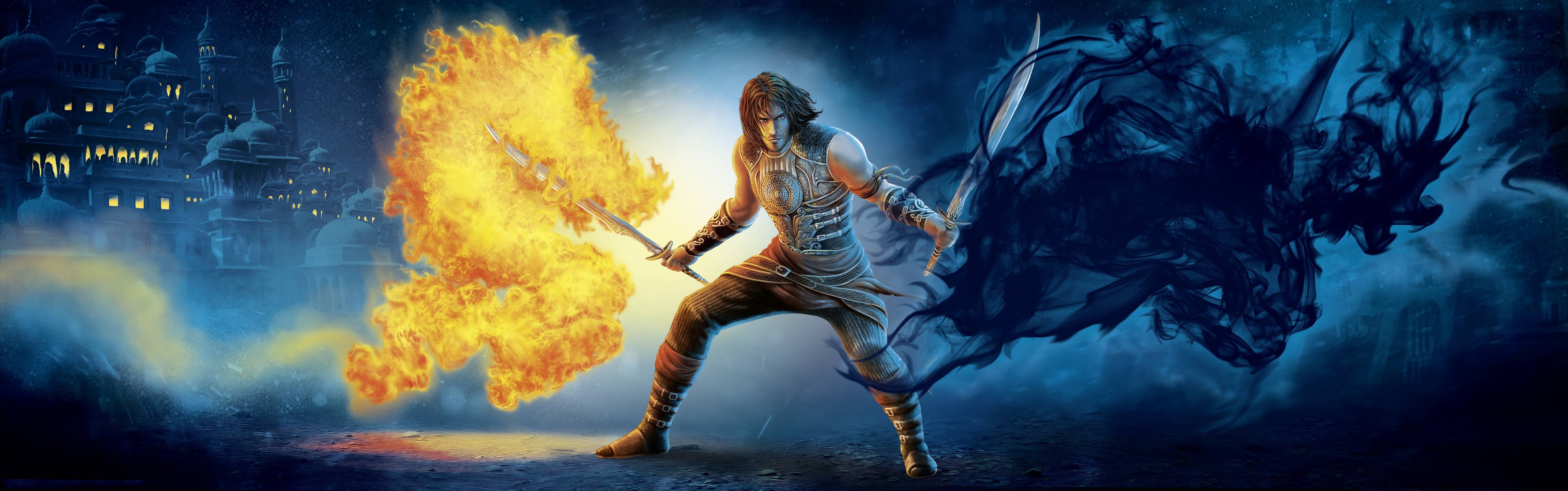 prince of persia: schatten und flamme android stranikus prinz schwerter rüstung feuer rauch gut böse persien stadt häuser fenster zeichnung ubisoft