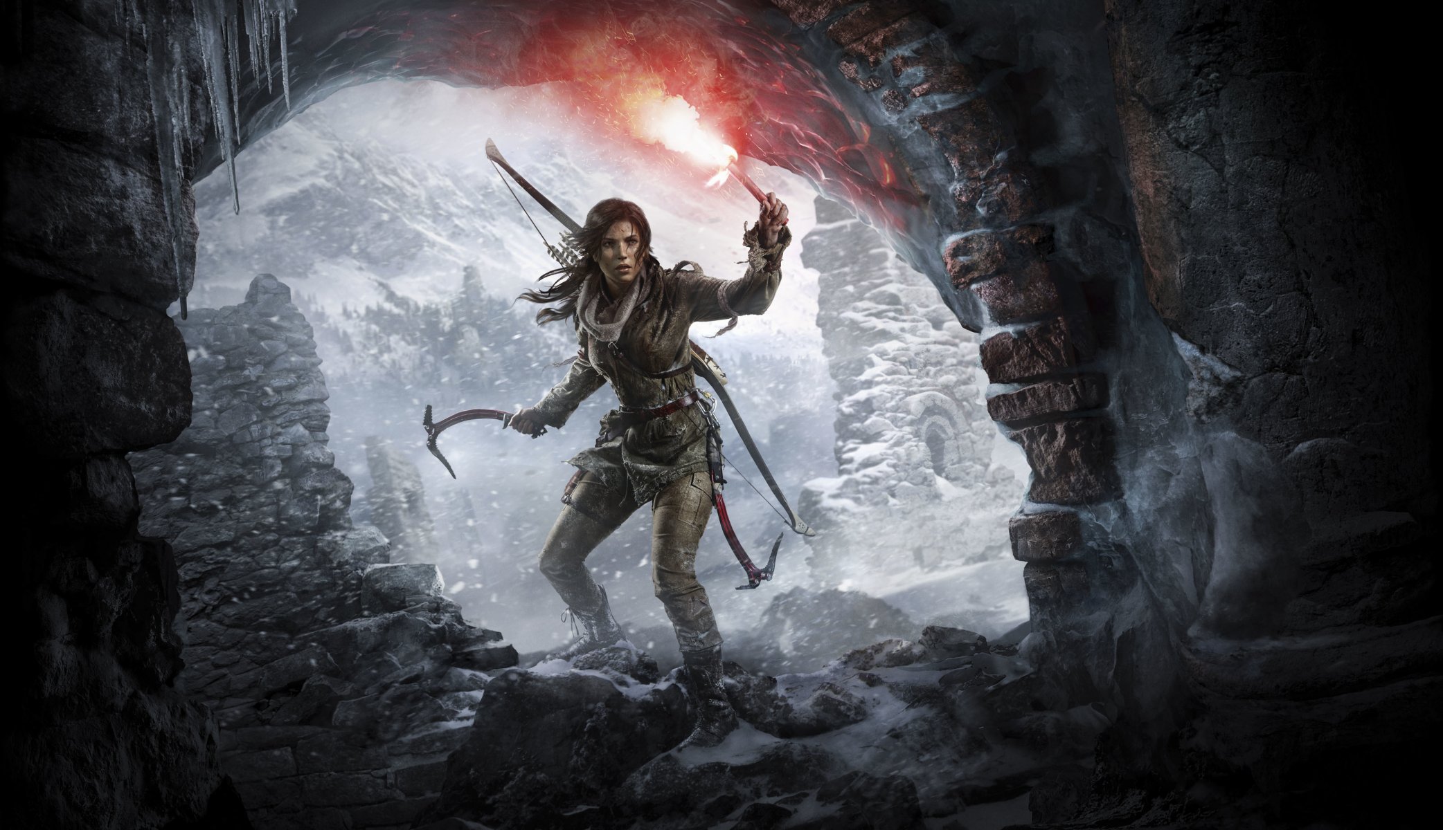 elevazione : tomb raider lara croft arte montagne neve piccozza arco ragazza torcia pecera