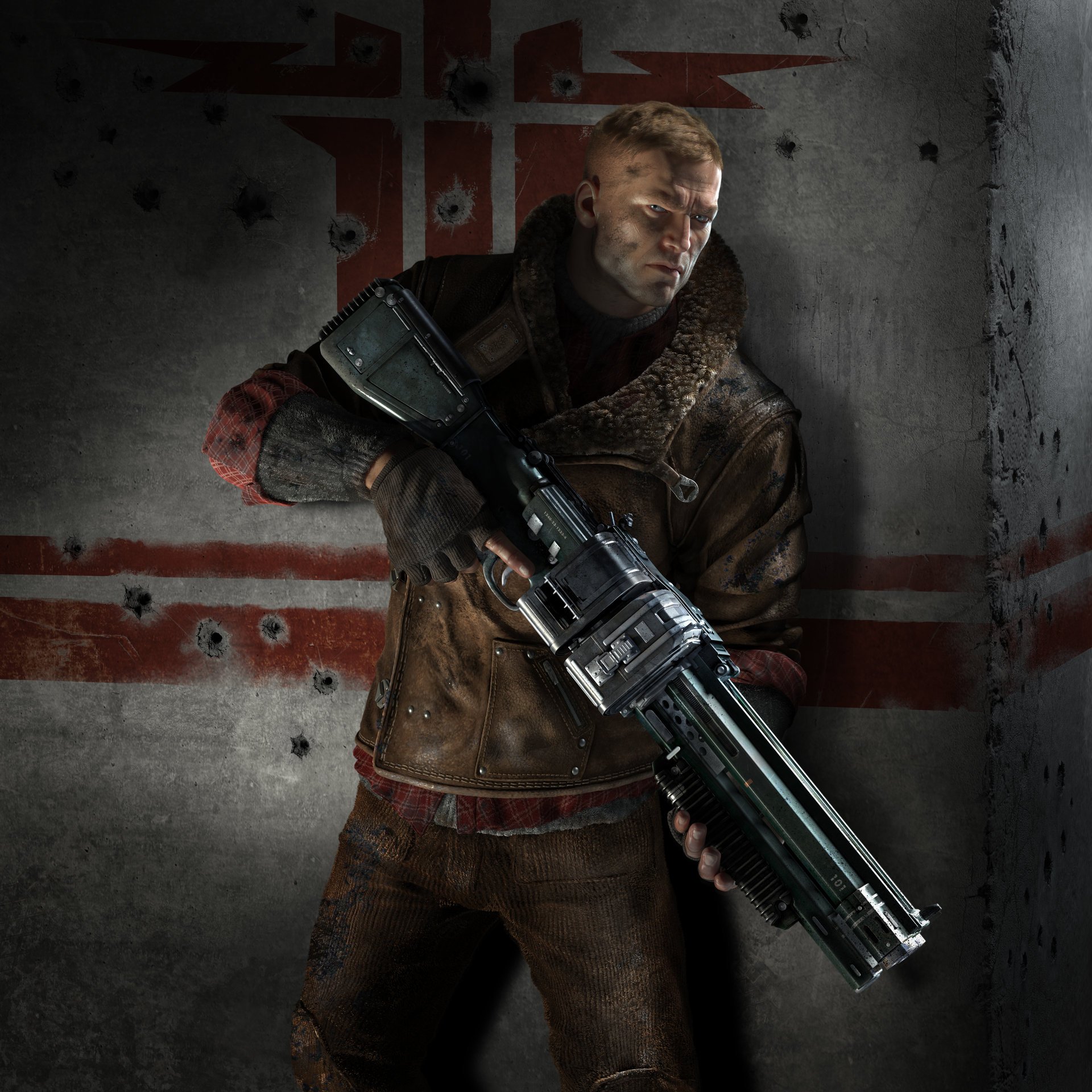 wolfenstein : neue ordnung wolfenstein: neue ordnung mann blick protagonist william blazkovich bj bij waffe handschuhe jacke schmutz wand machinegames bethesda game studio