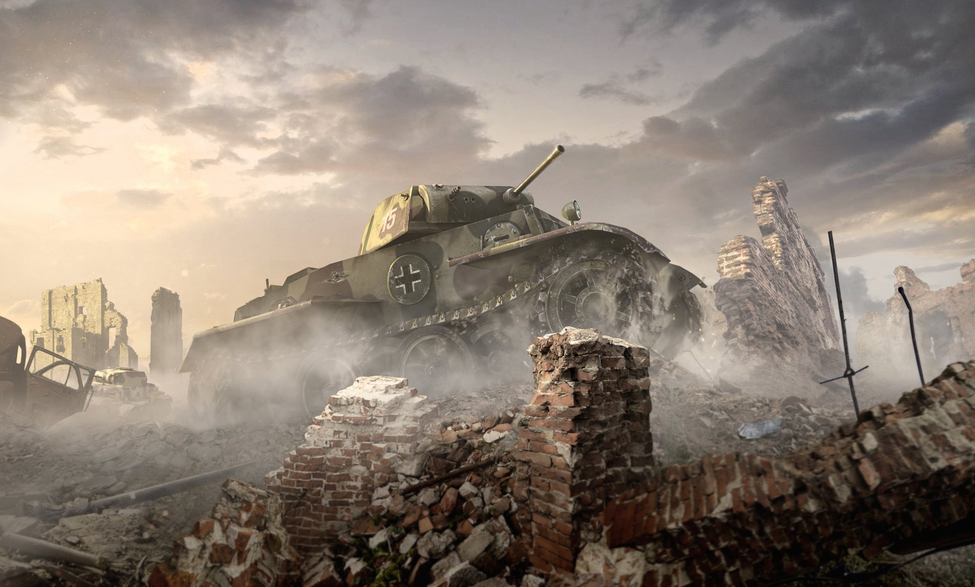 world of tanks : xbox 360 edition world of tanks wargaming net wot wg pz.kpfw . ii ausf . j kunst tarnung fass eisen wolken himmel staub rauch ruinen