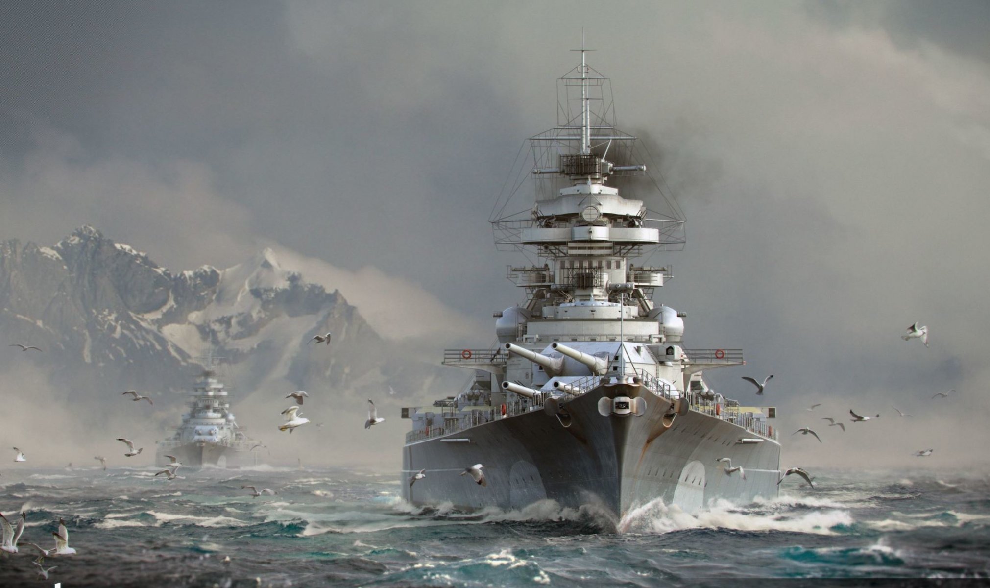 world of warships wargaming net wows ships world wg ships ship waves sky clouds gulls mountain snow smoke water sea battleship bismarck