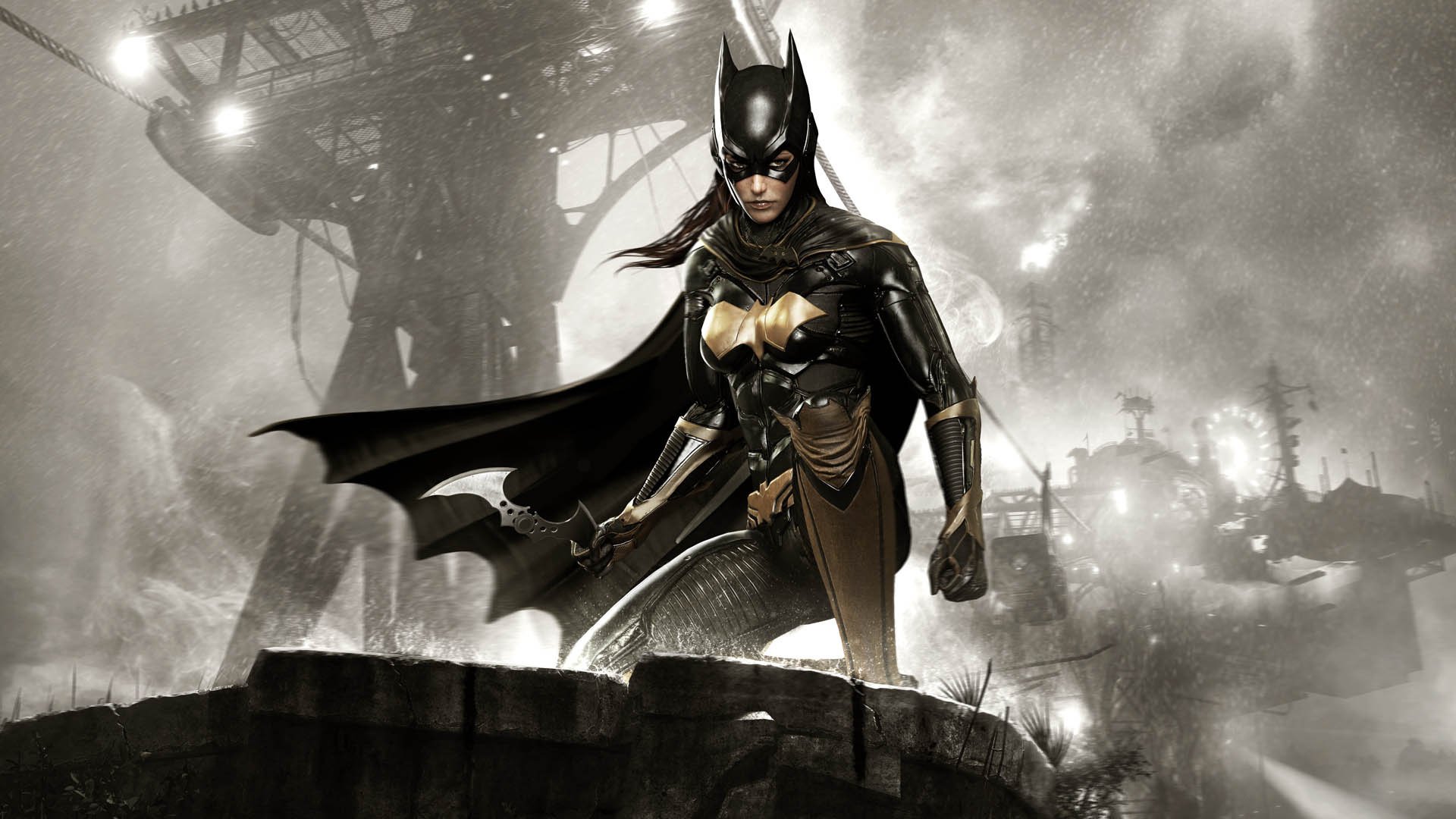 batman: arkham knight batgirl бэтгёрл девушка экипировка броня волосы взгляд небо тучи rocksteady studios warner bro