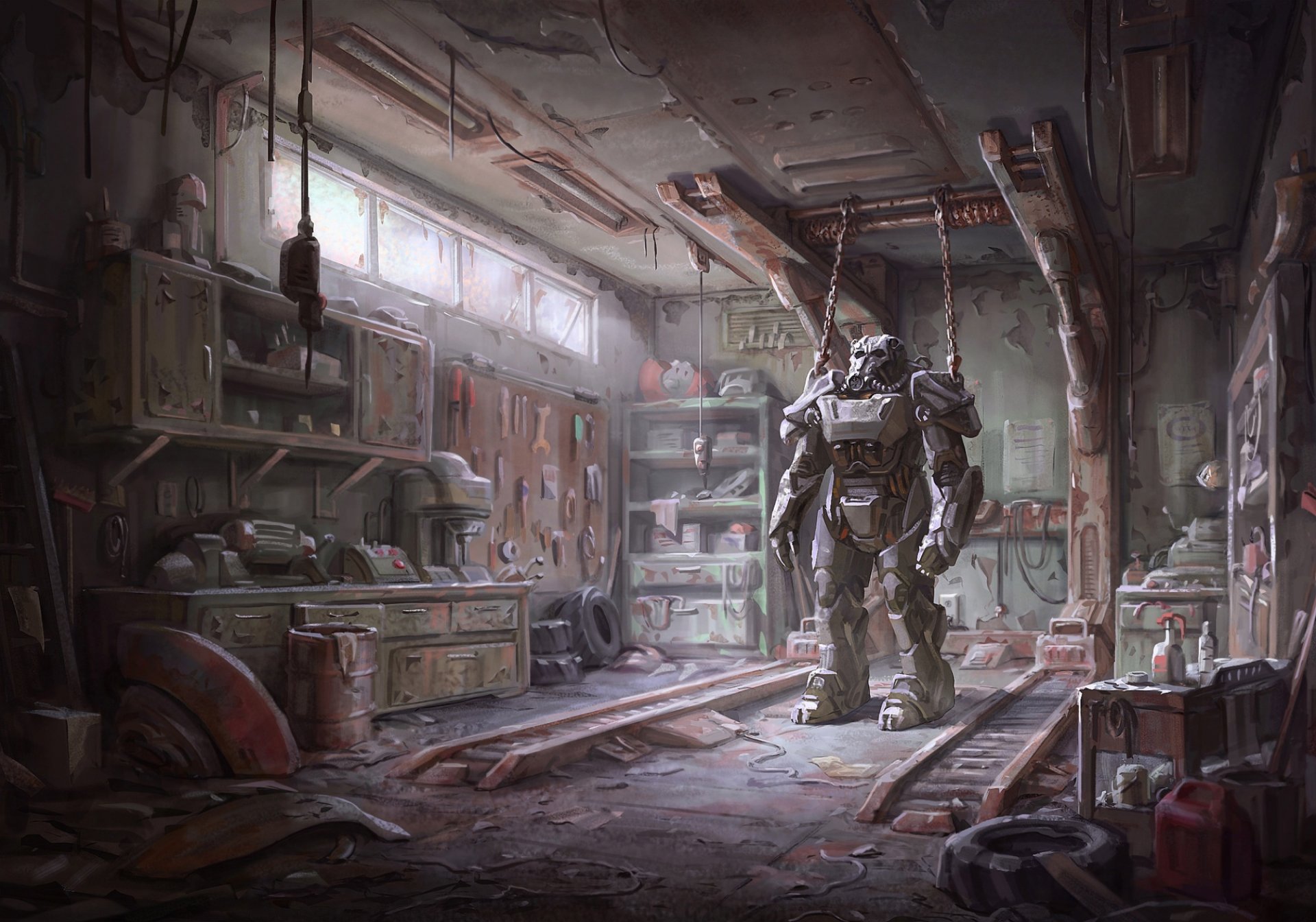 fallout 4 bethesda game studios bethesda softworks pancerz wspomagany garaż warsztat apokalipsa pustkowie narzędzia zbroja sprzęt budynek boston usa sztuka bethesda