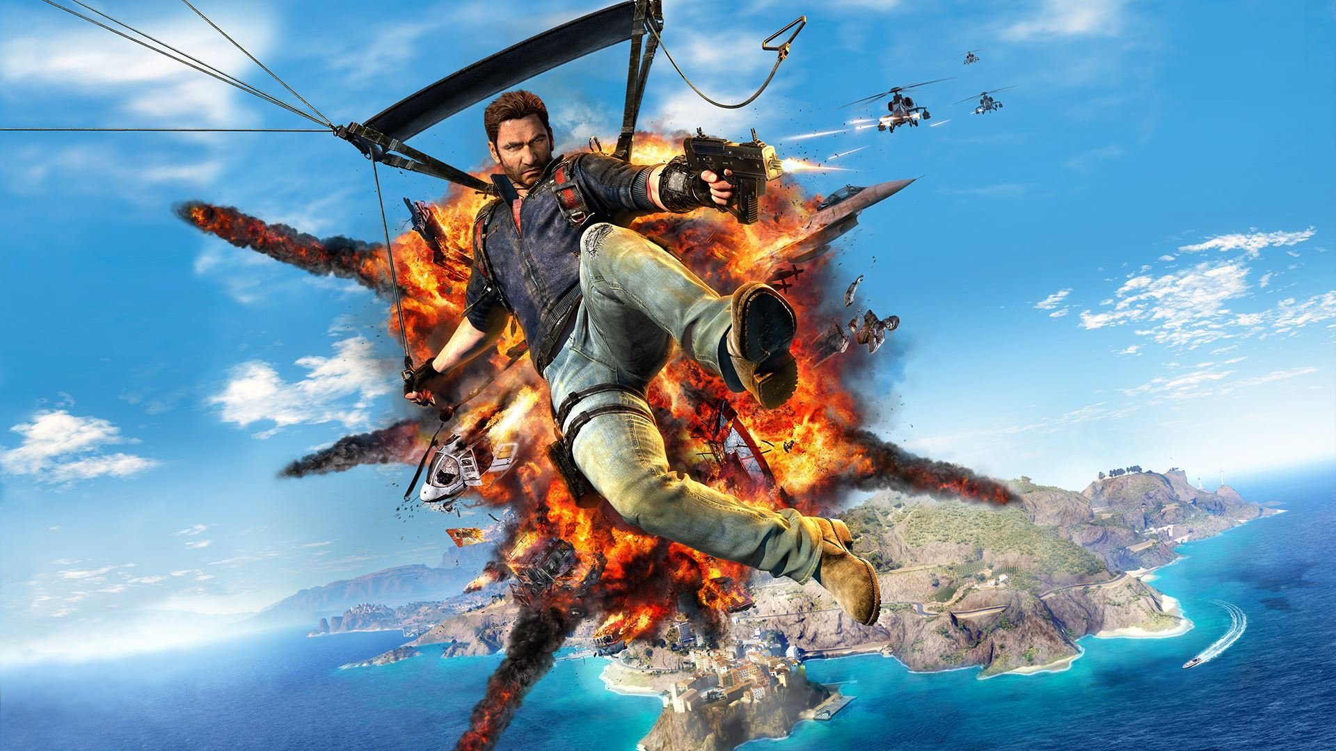 just cause 3 kampf haken waffe insel wasser himmel flugzeug häuser avalanche studios square enix