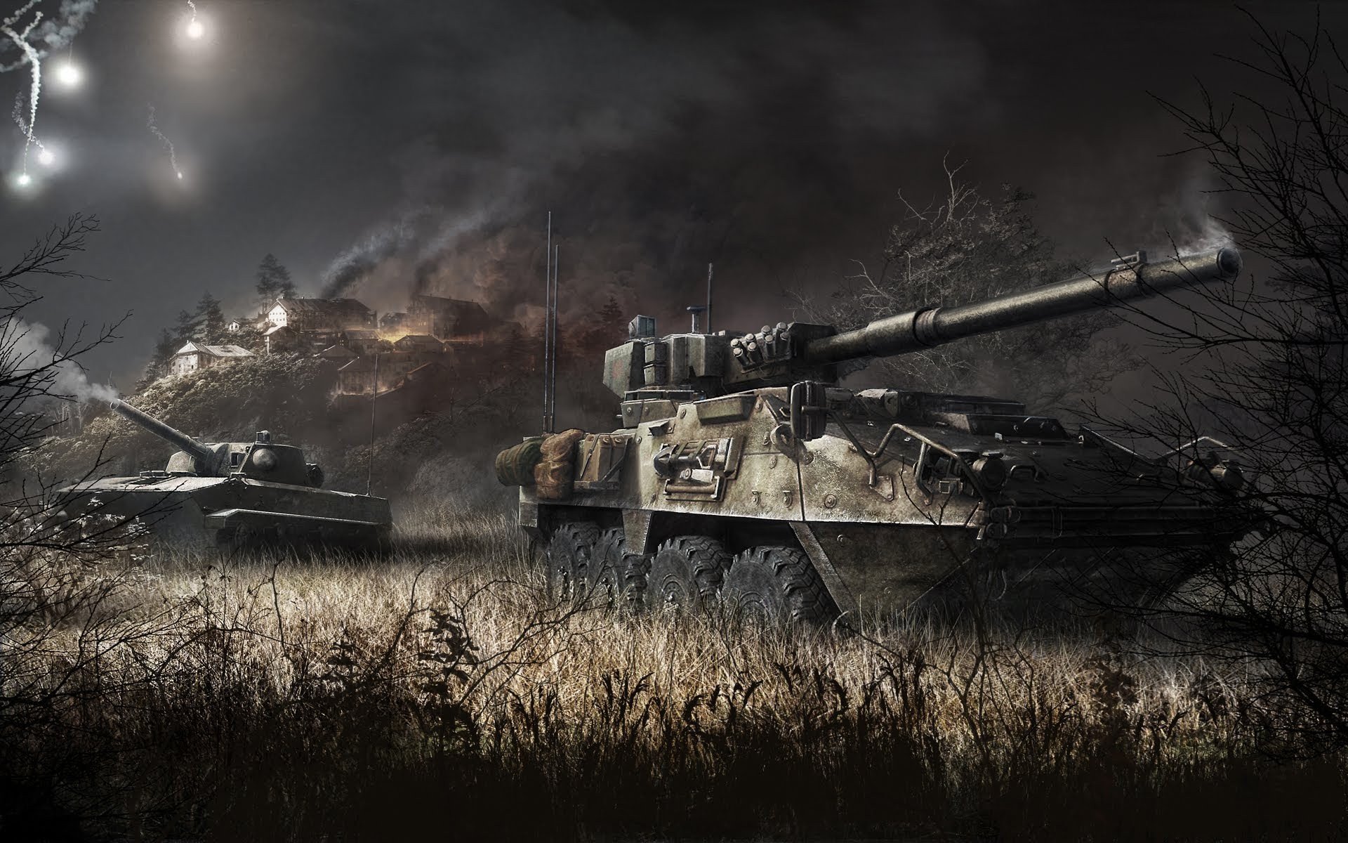 tank war obsidian entertainment mygames cryengine tank bäume feuer licht stamm eisen busch häuser flamme himmel rauch