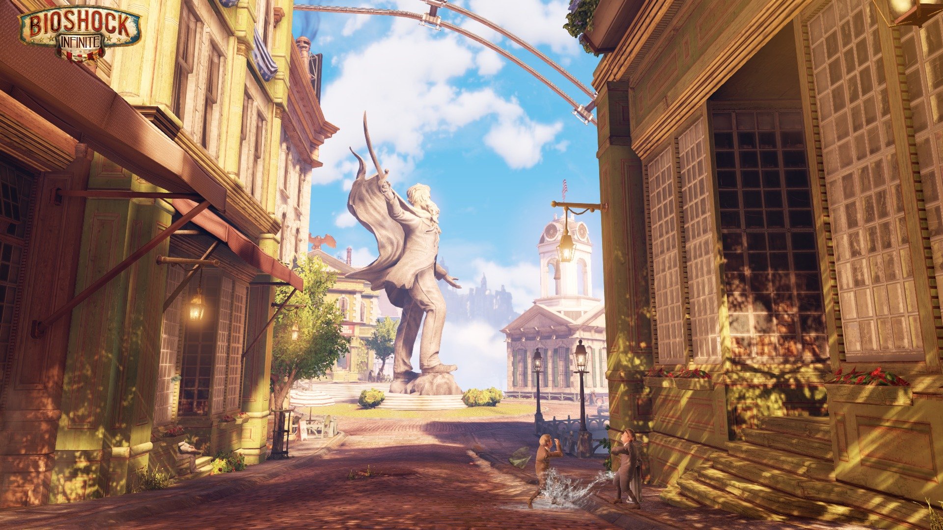 bioshock infinite juego ciudad agua estatua casas arbustos carretera