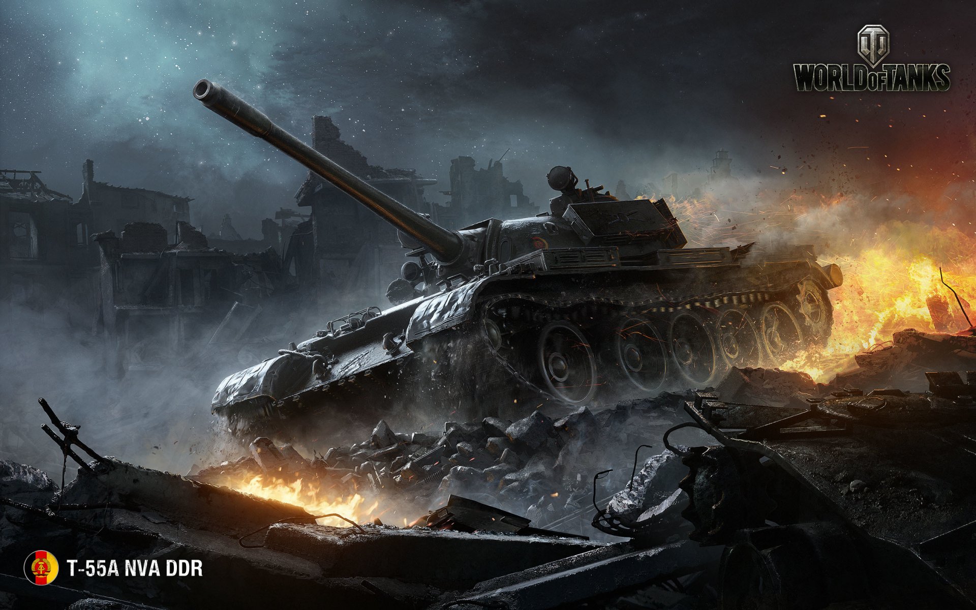 world of tanks wargaming net wot wg t-55a nva ddr mittlere panzer flamme feuer rauch inbrunst fass eisen funken gebäude himmel wolken tank häuser ruinen trümmer sterne lbz