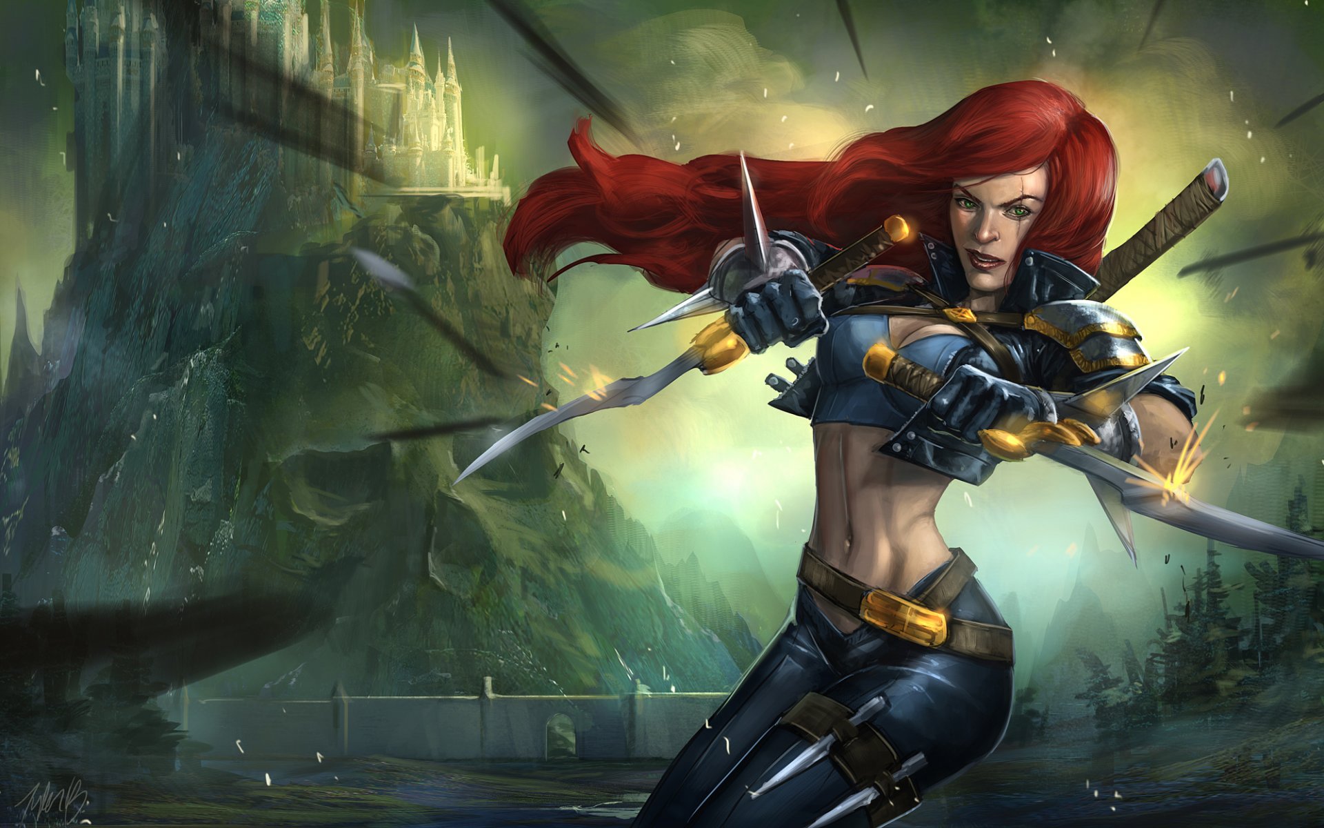 arte league of legends katarina ragazza pugnali castello