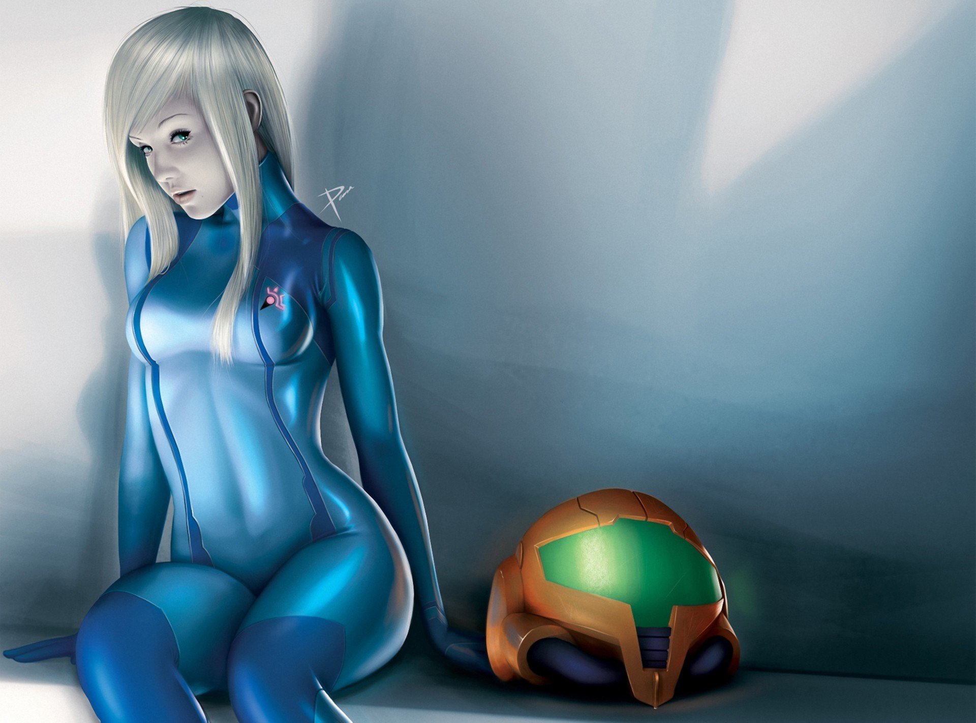 art metroid zéro costume samus fille casque costume assis