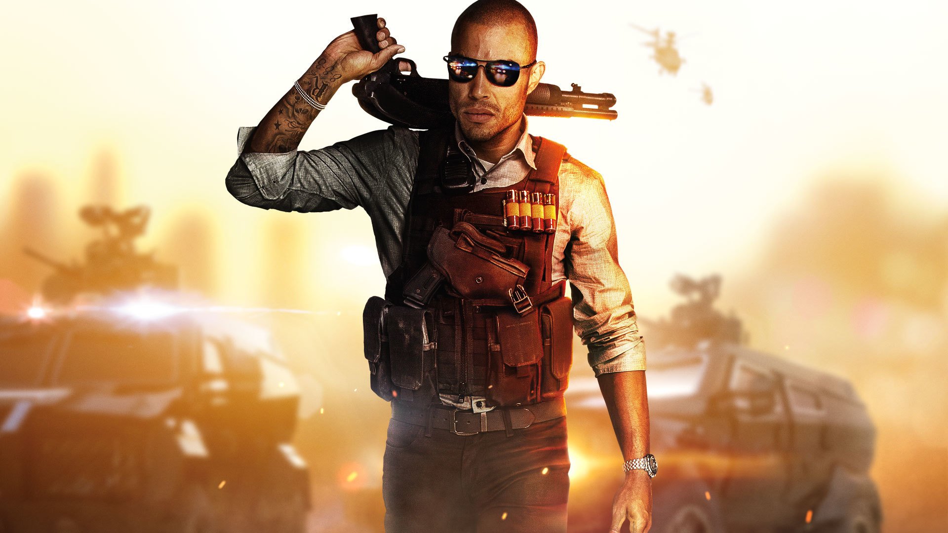 battlefield hardline cop cop police hands glasses weapons shotgun tattoo bulletproof vest pistol armored vehicles visceral games electronic art