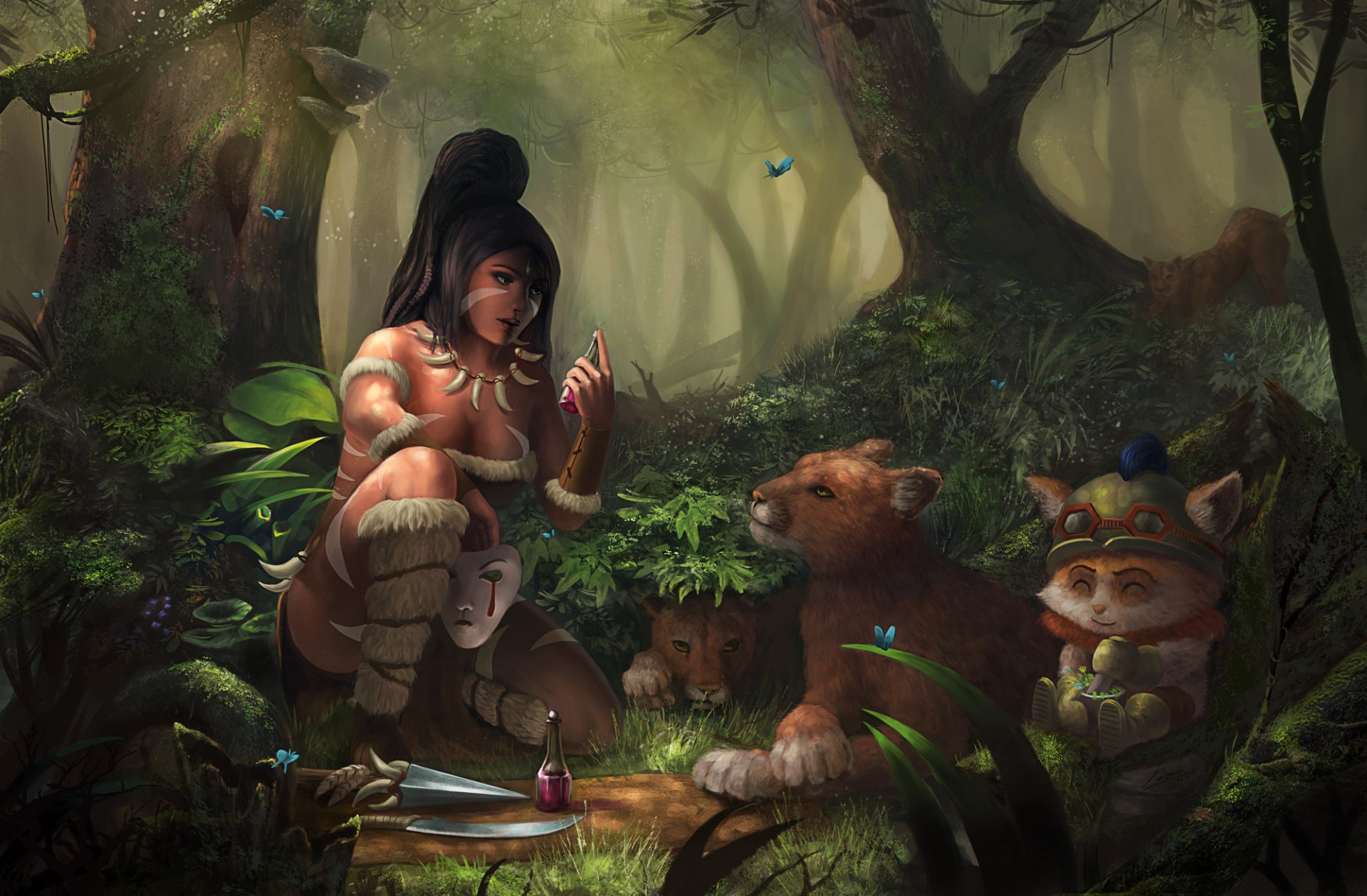 arte league of legend nidalee ragazza foresta bestie fiala pozione gatti lame maschera farfalle cespugli