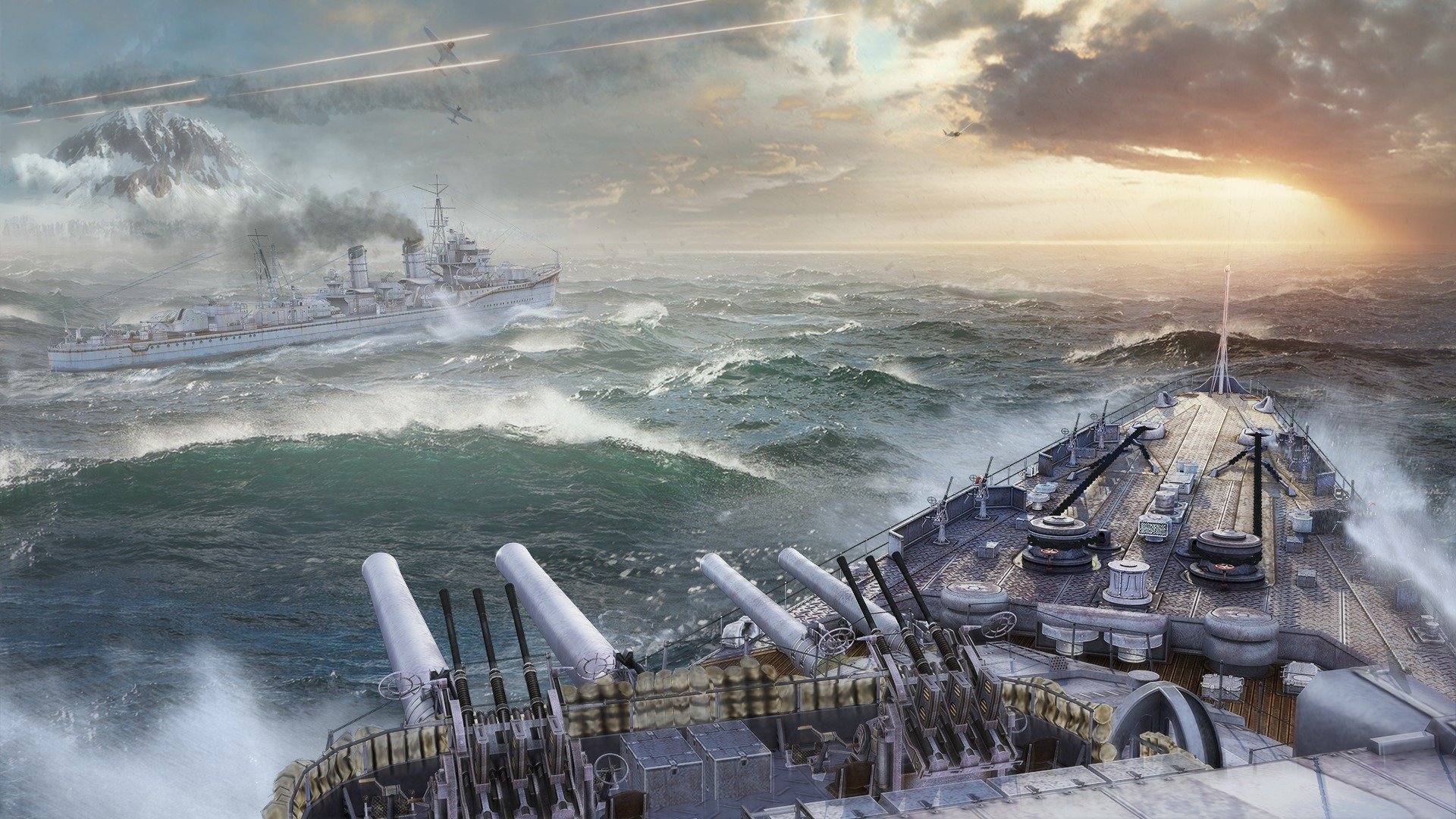 world of warships wargaming net wows ships world wg sunset storm mountain smoke sea water ships ship waves sky clouds planes shooting