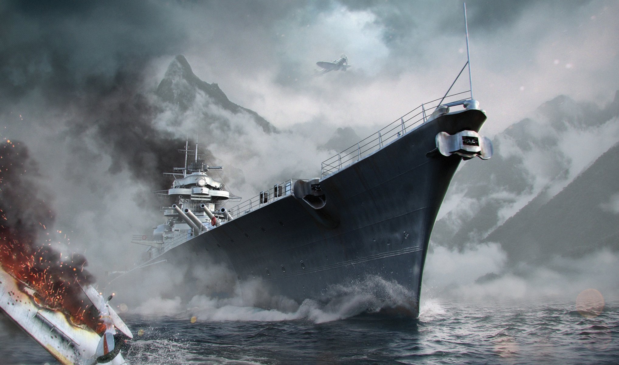 welt kriegsschiffe wargaming net trifft weltschiffe wg schiff wellen wasser meer berge nebel schlachtschiff bismarck