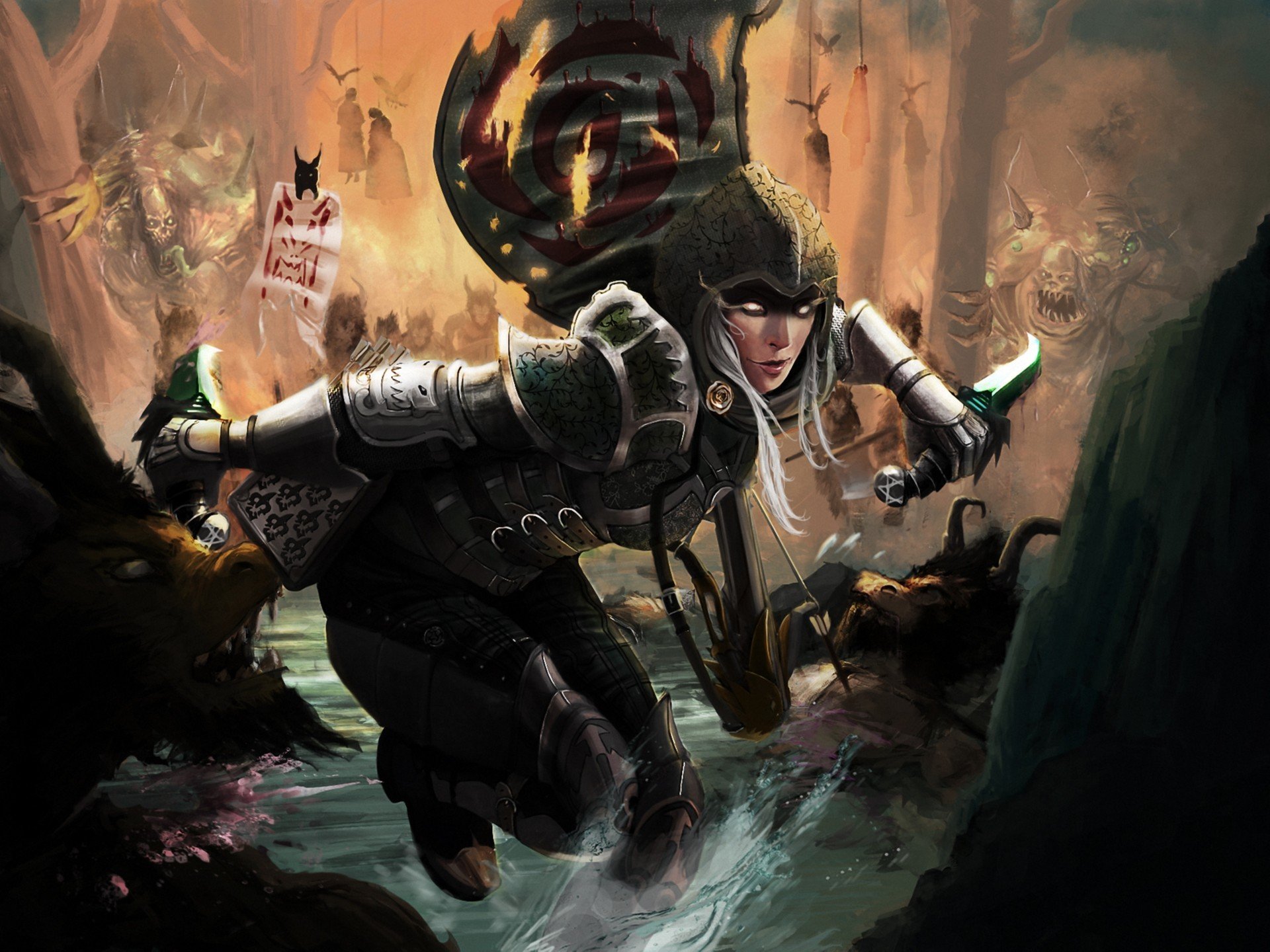 art diablo iii demon hunter girl water creek forest battle enemies knive