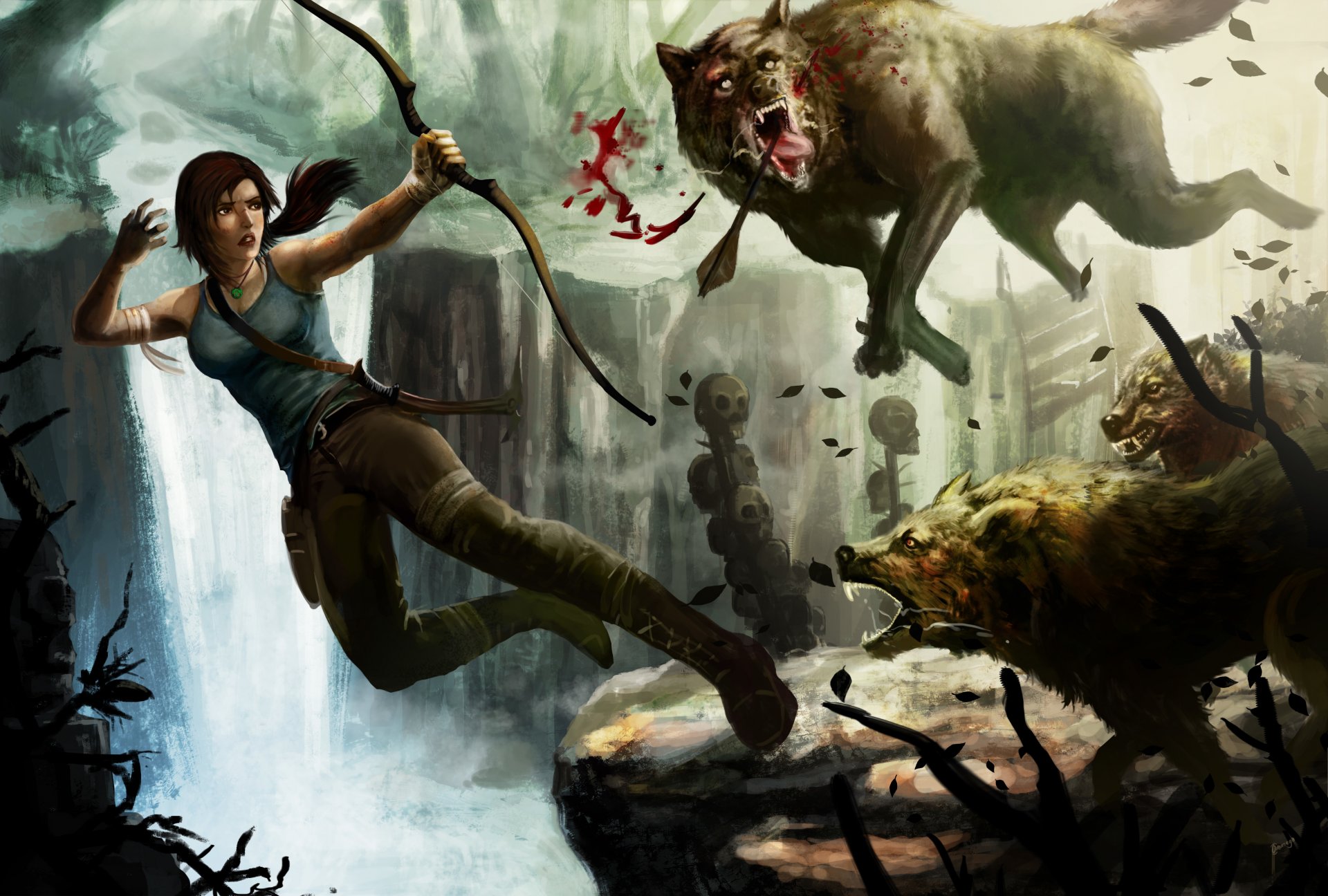 lara croft tomb raider sztuka dziewczyna łuk wilki