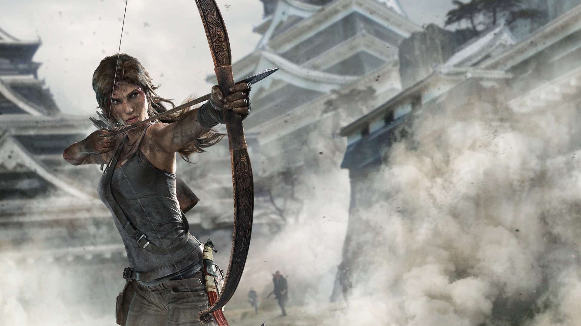 lara croft gioco arte arco freccia mira piccozza pioggia