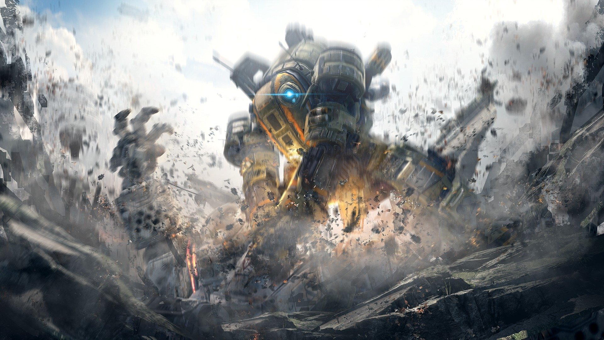 titanfall respawn entertainment electronic arts e.a. roboter titan lichter rauch himmel wolken inbrunst